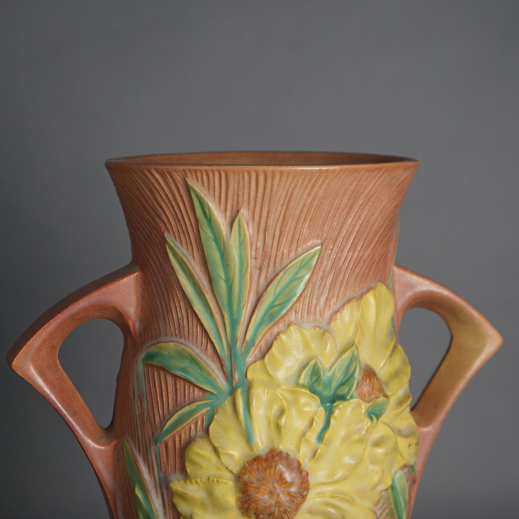 North American Large Roseville Art Pottery Handled Pink Vase with Yellow Peony Pattern c1942