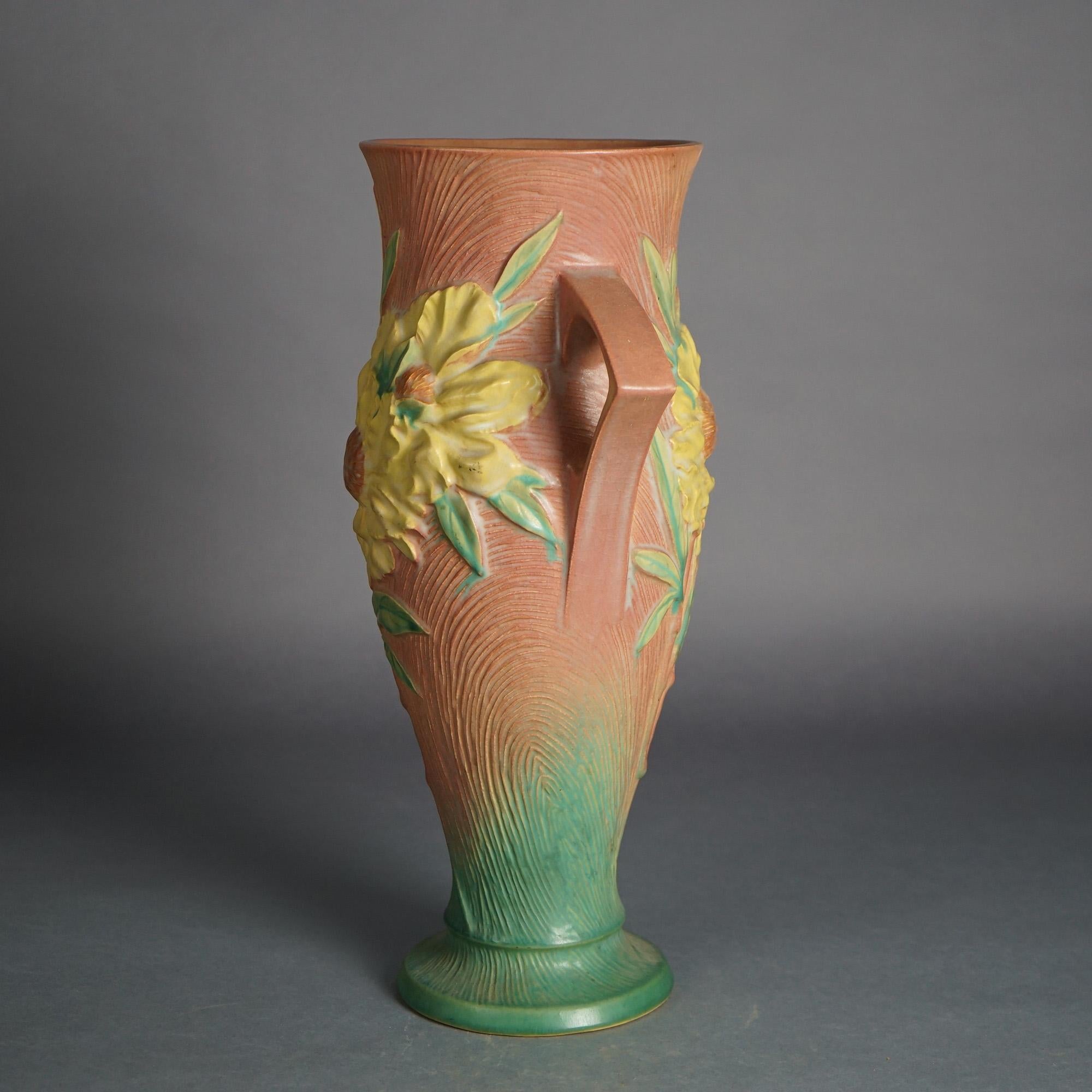 Large Roseville Art Pottery Handled Pink Vase with Yellow Peony Pattern c1942 In Good Condition In Big Flats, NY