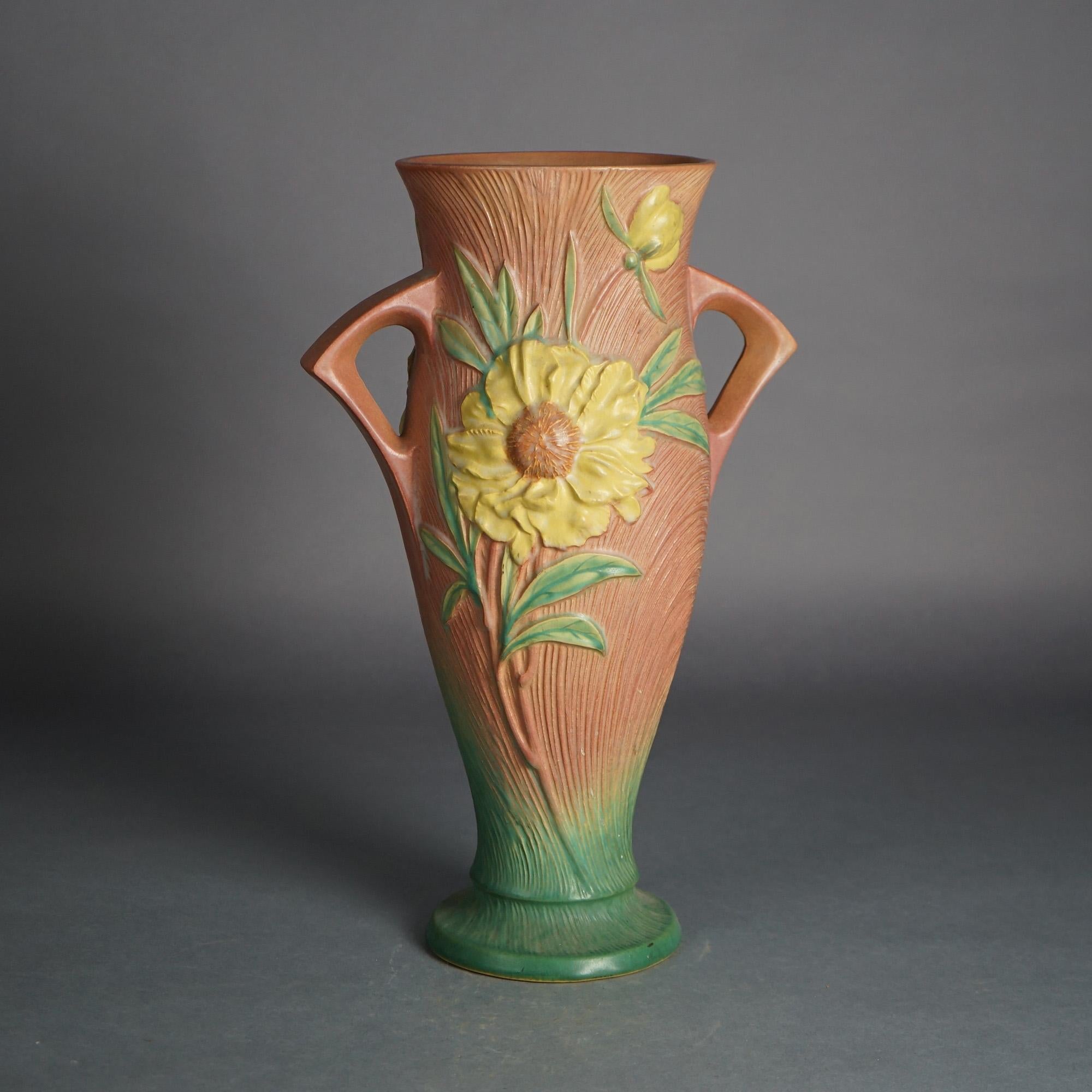 19th Century Large Roseville Art Pottery Handled Pink Vase with Yellow Peony Pattern c1942