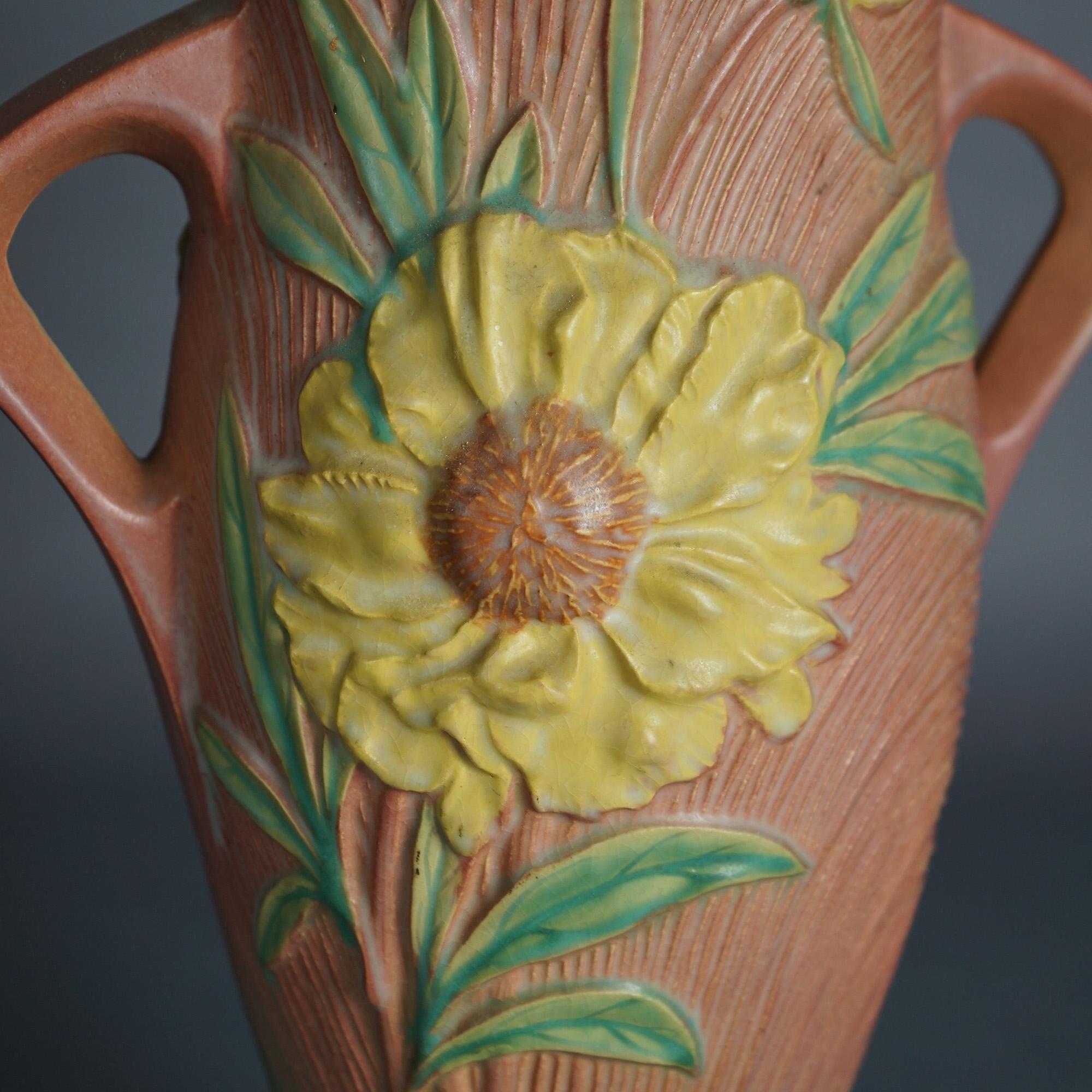 Large Roseville Art Pottery Handled Pink Vase with Yellow Peony Pattern c1942 1