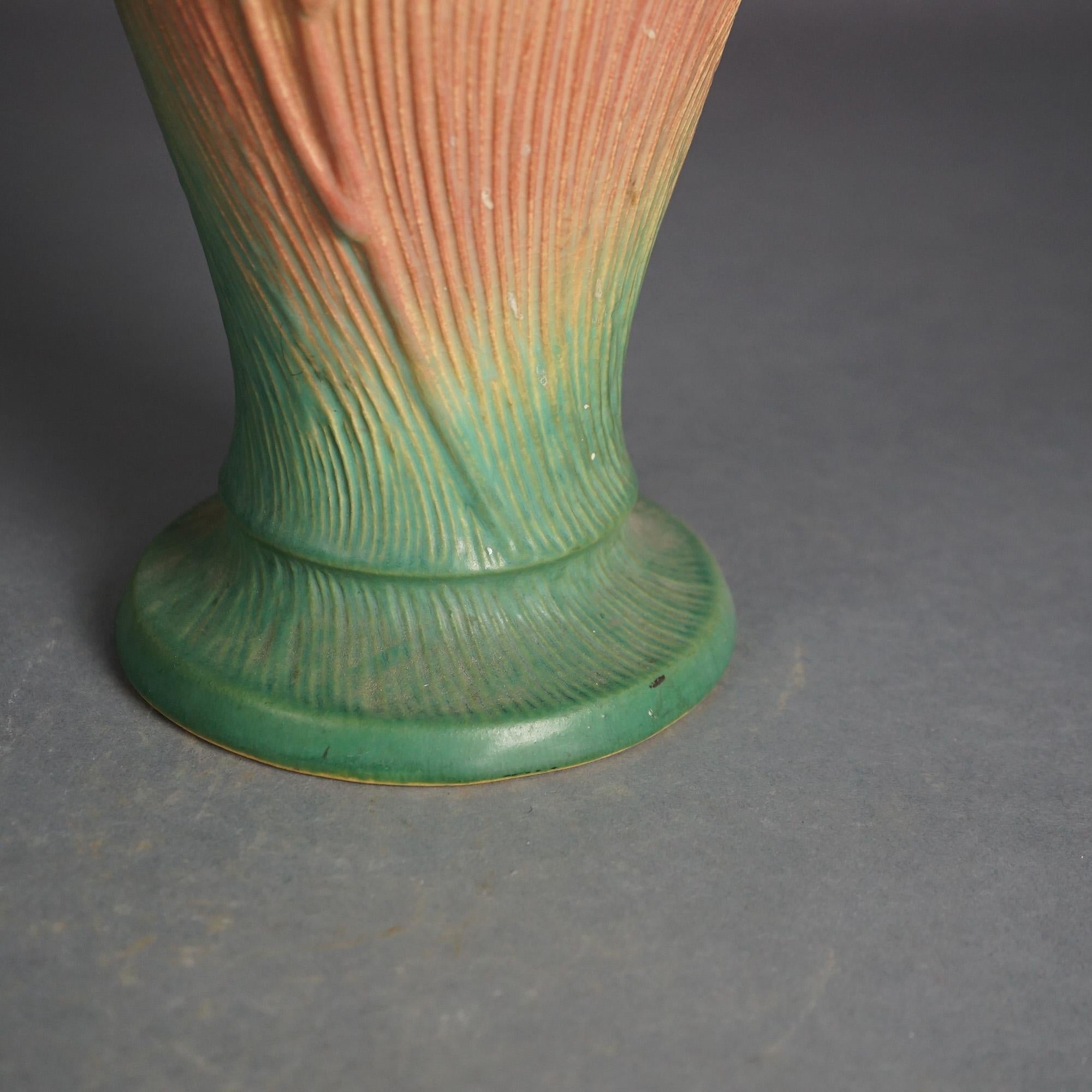 Large Roseville Art Pottery Handled Pink Vase with Yellow Peony Pattern c1942 2