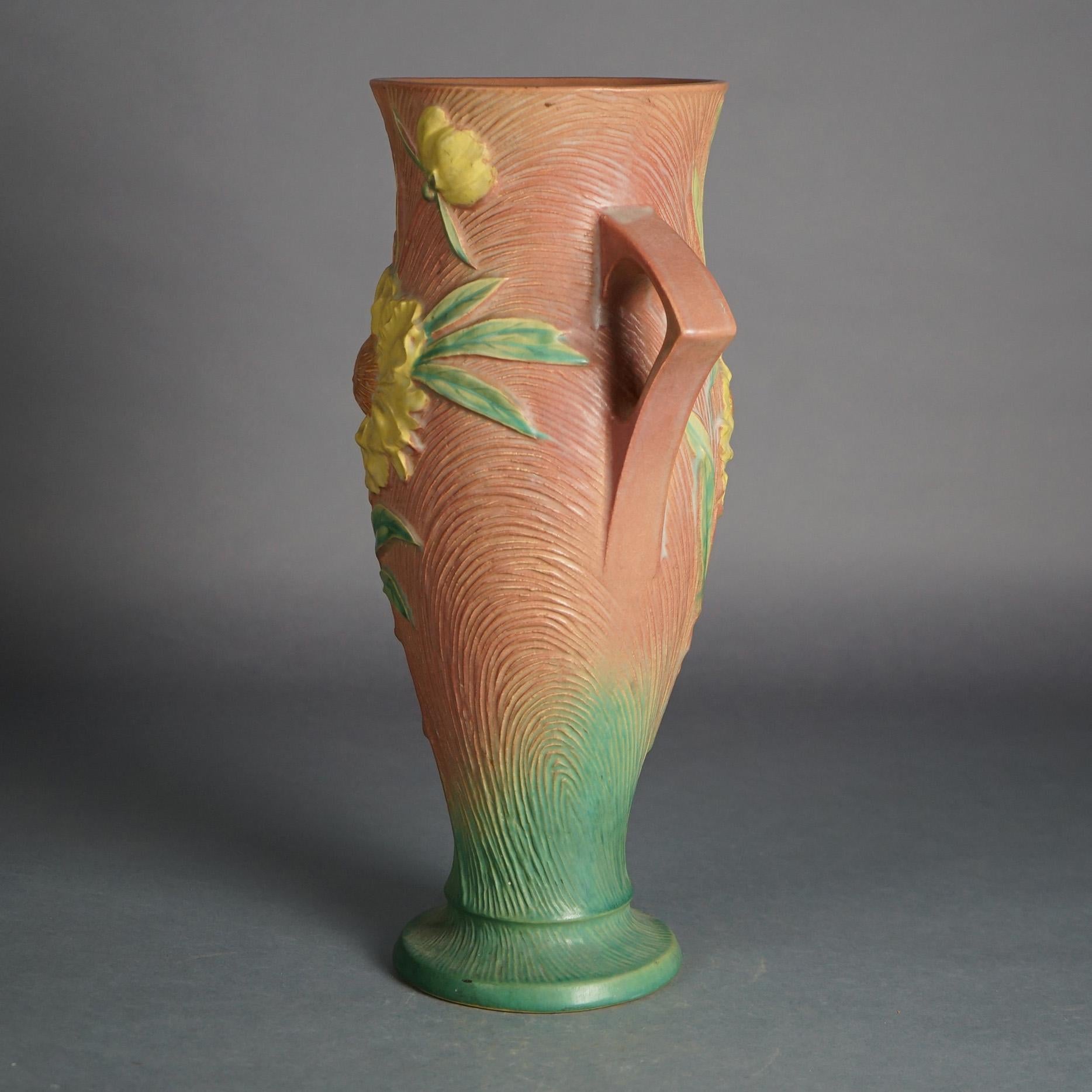Large Roseville Art Pottery Handled Pink Vase with Yellow Peony Pattern c1942 3