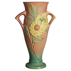 Large Roseville Art Pottery Handled Pink Vase with Yellow Peony Pattern c1942