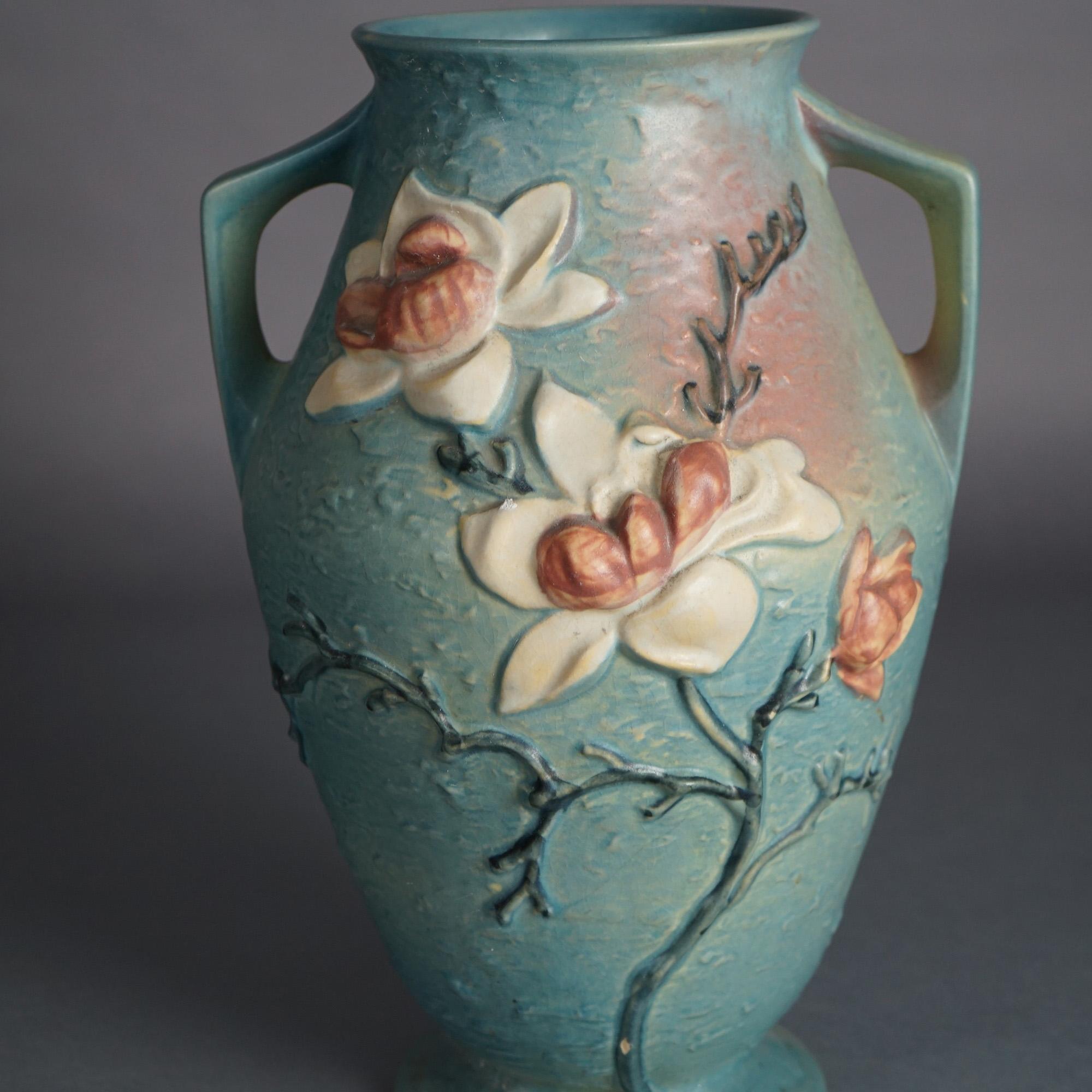 Large Roseville Art Pottery Double Handled Vase, Magnolia in Blue, Signed, C1940

Measures - 14.5