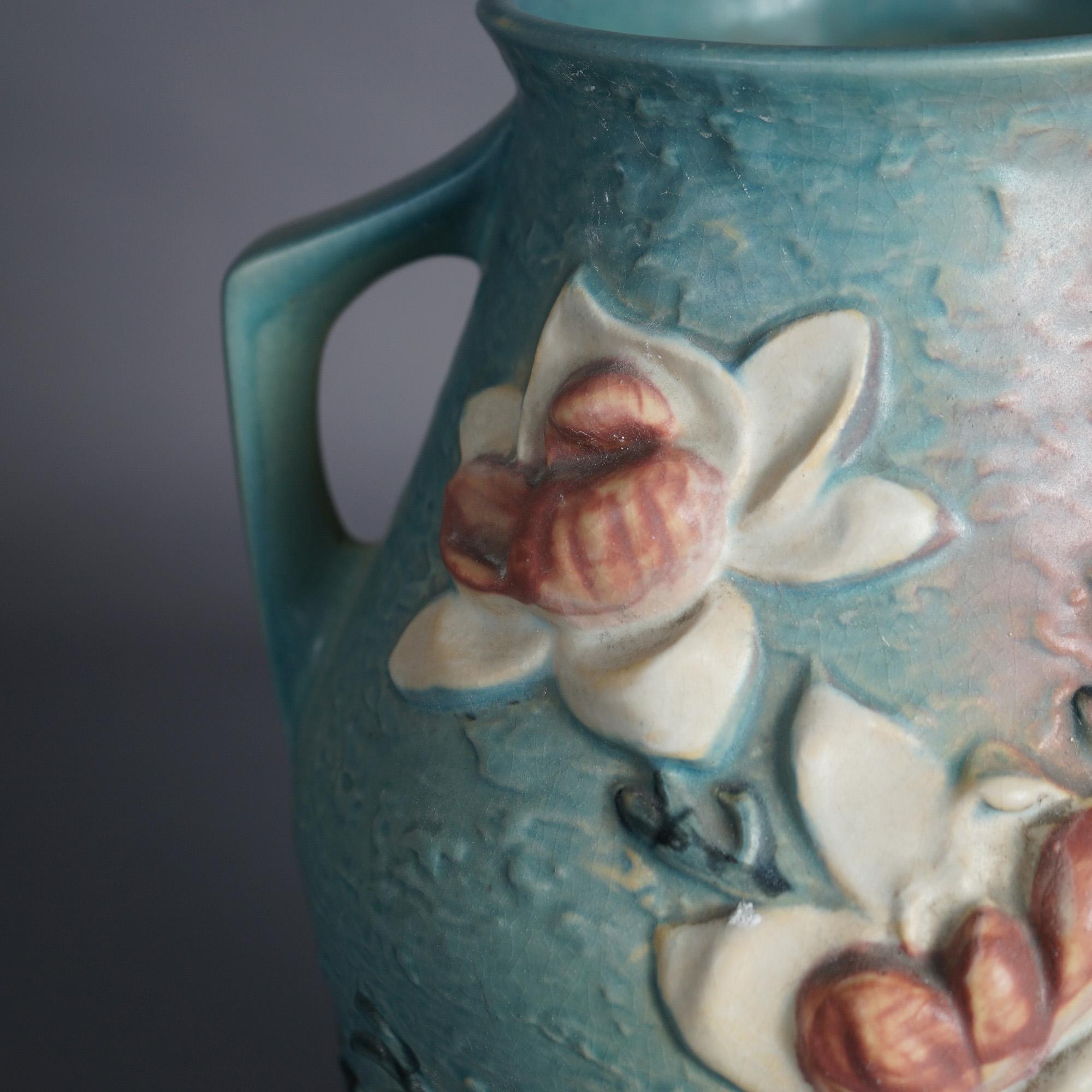 Arts and Crafts Large Roseville Art Pottery Vase, Magnolia in Blue, Signed, C1940