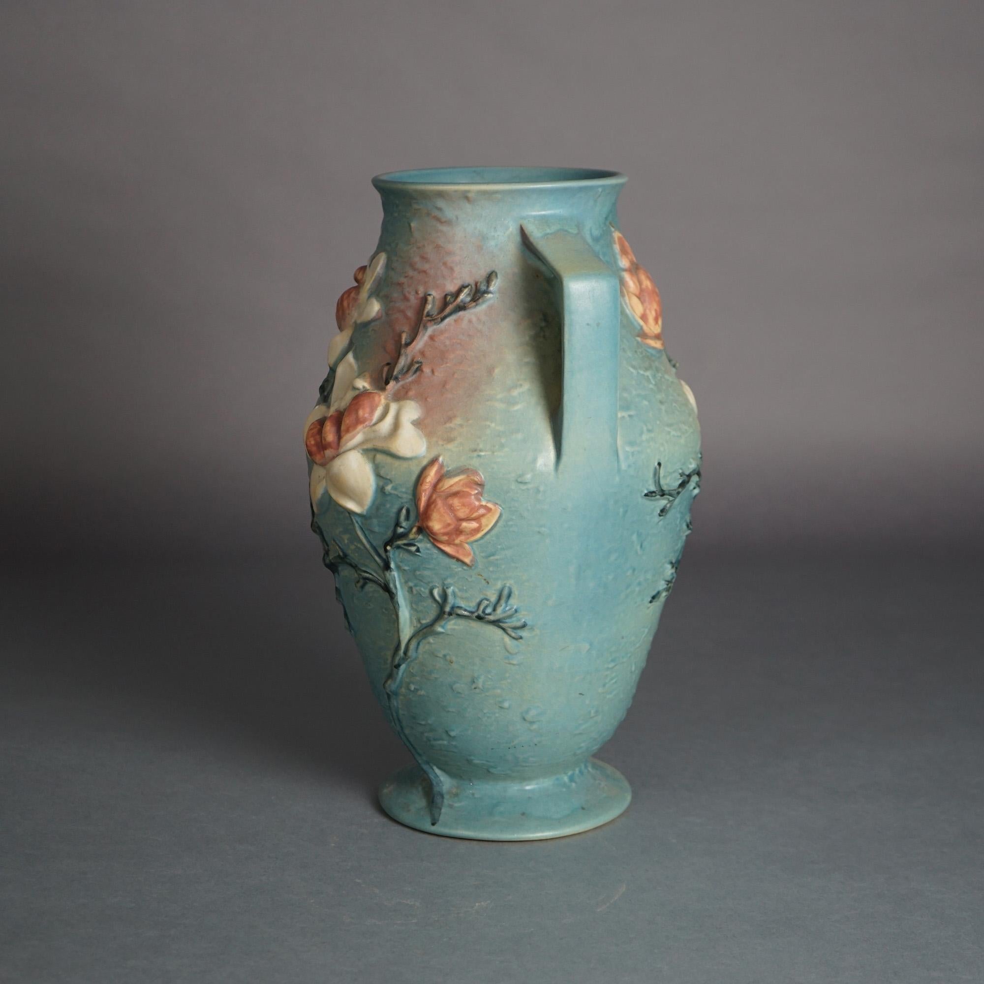 American Large Roseville Art Pottery Vase, Magnolia in Blue, Signed, C1940