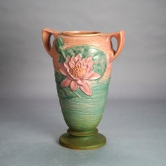 Large Roseville Art Pottery Vase, Water Lily in Pink & Green, Mid 20thC