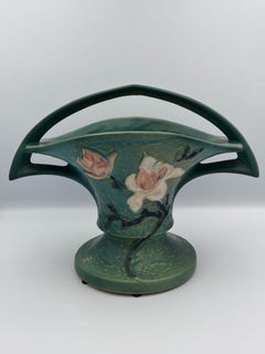Large Roseville Magnolia Green Ceramic Basket Planter Vase