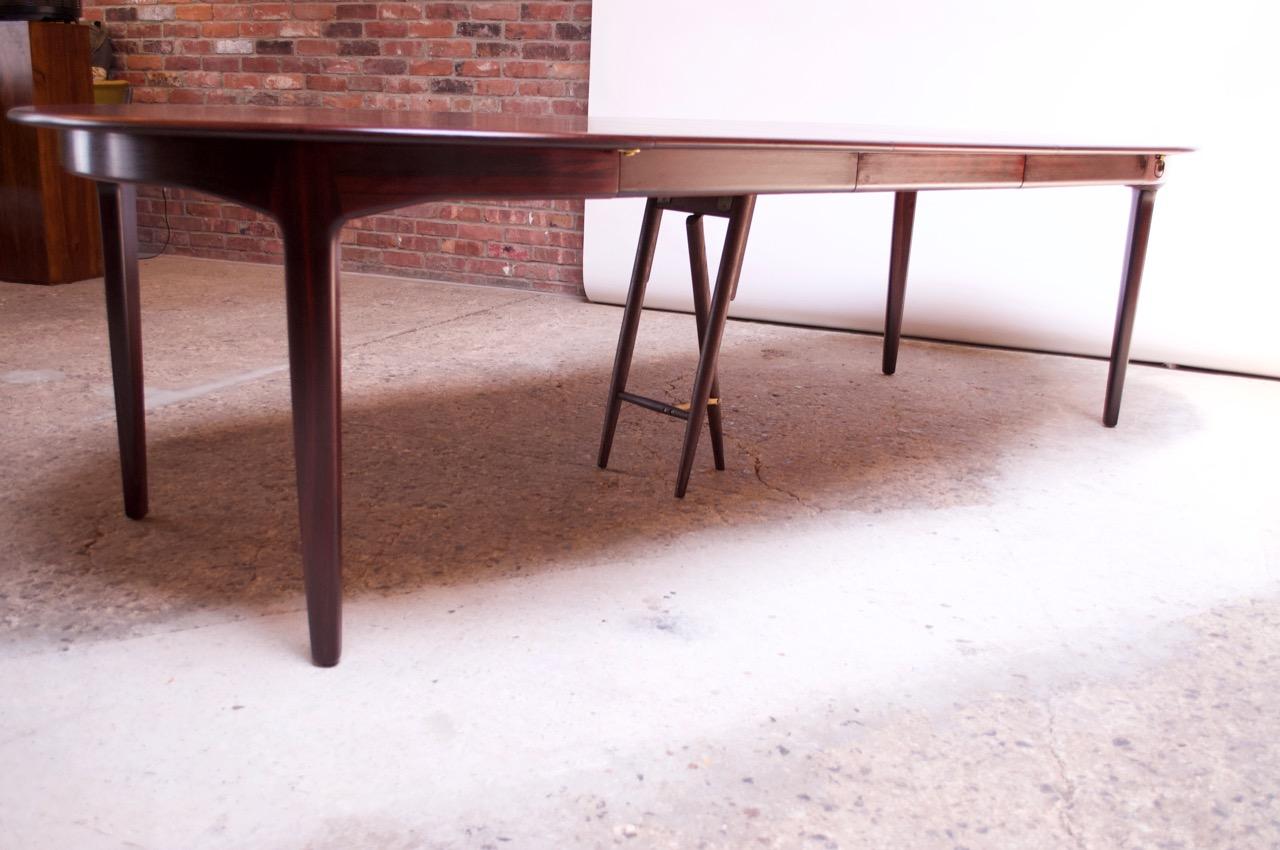 Large Rosewood and Brass Extension Dining Table by Henning Kjærnulf for Sorø In Good Condition In Brooklyn, NY