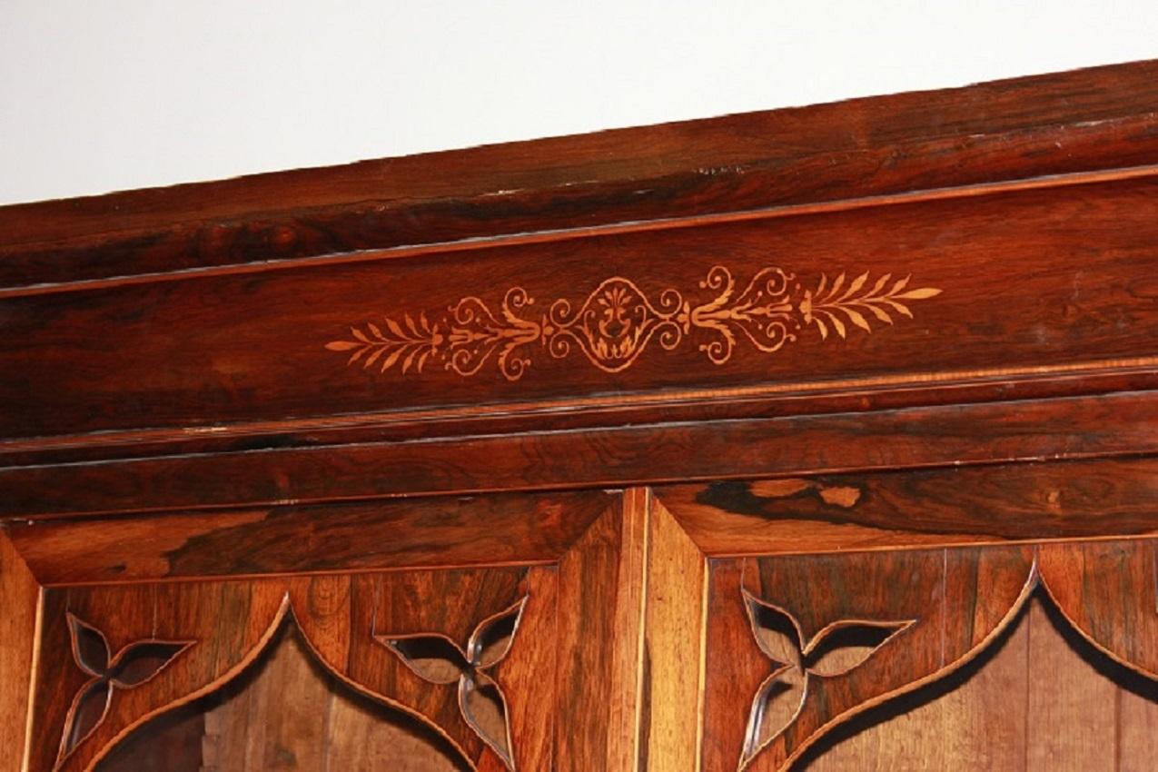 French Large Rosewood Wood Bookcase in the Carlo X Style with Rich Inlay Motifs  For Sale