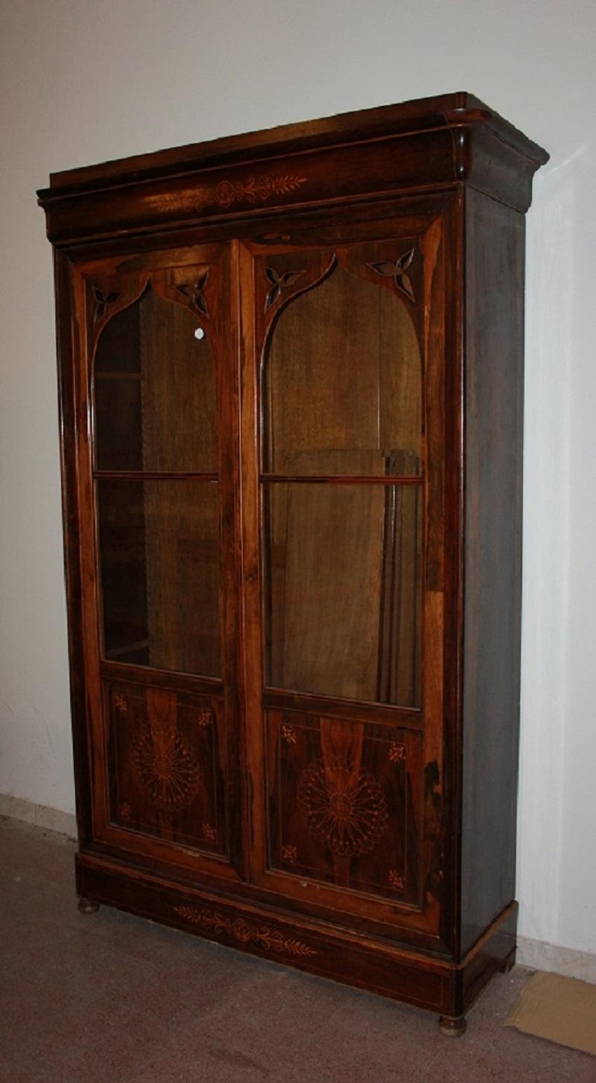 Large Rosewood Wood Bookcase in the Carlo X Style with Rich Inlay Motifs  For Sale 2