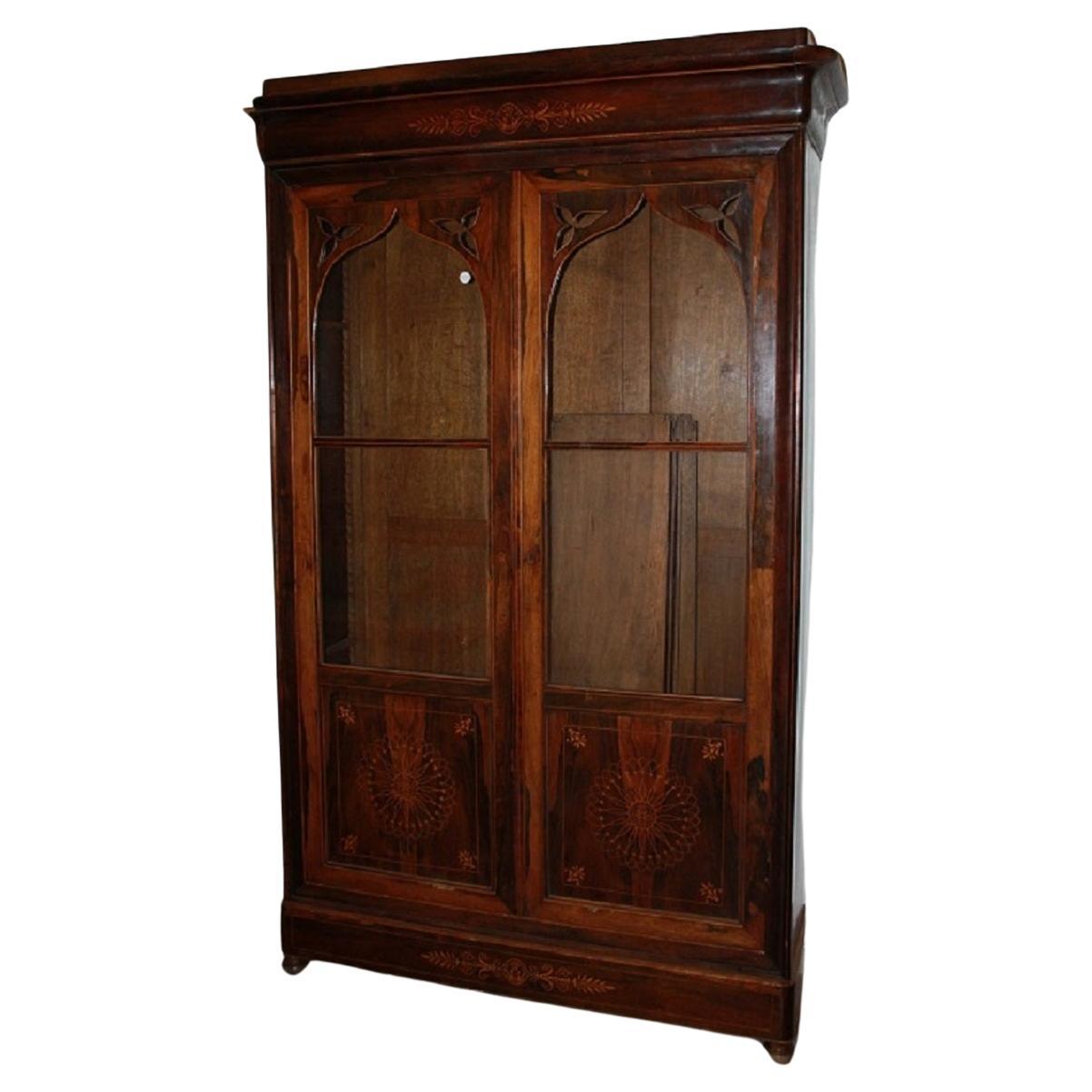 Large Rosewood Wood Bookcase in the Carlo X Style with Rich Inlay Motifs  For Sale