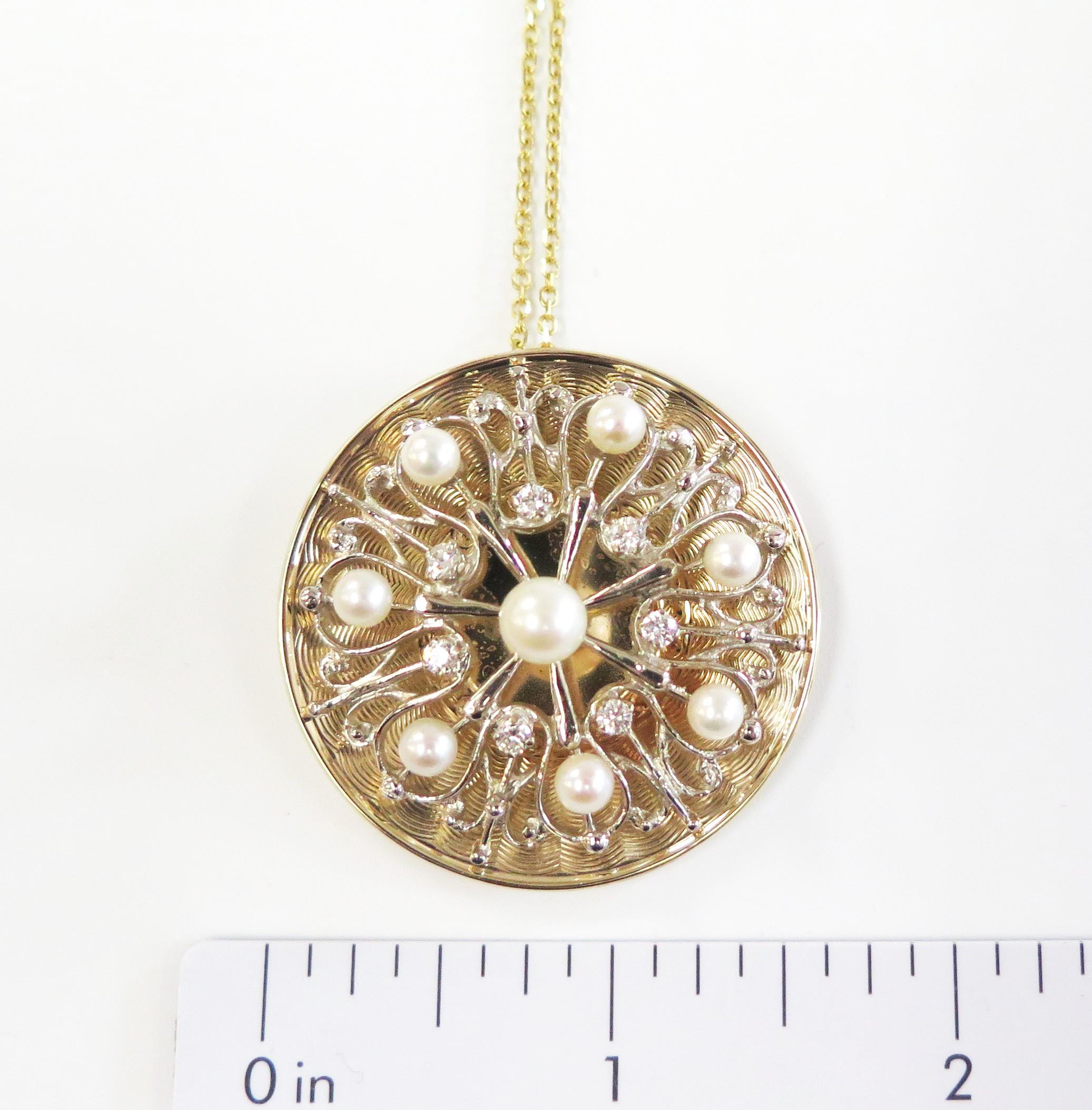Round Cut Large Round 14 Karat Gold Pendant with Cultured Pearls and Diamonds