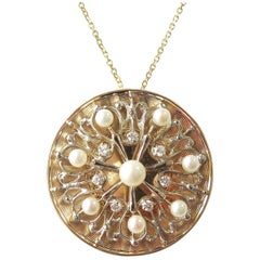 Large Round 14 Karat Gold Pendant with Cultured Pearls and Diamonds