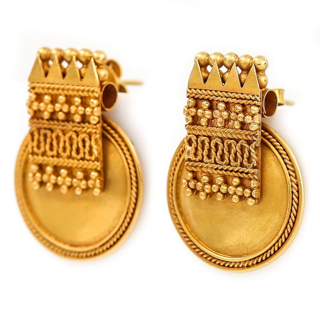 A super pair of large, stylish 18ct yellow gold Etruscan Revival earrings that feature the signature gold granulation and beadwork which is so reminiscent of the Victorian era. With a weight of 10g, fitted with scrolled backs these are fabulous