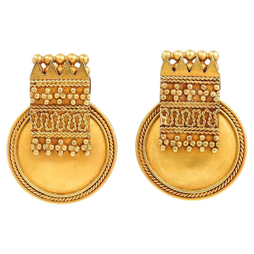 Large Round 18ct Yellow Gold Etruscan Revival Drop Earrings
