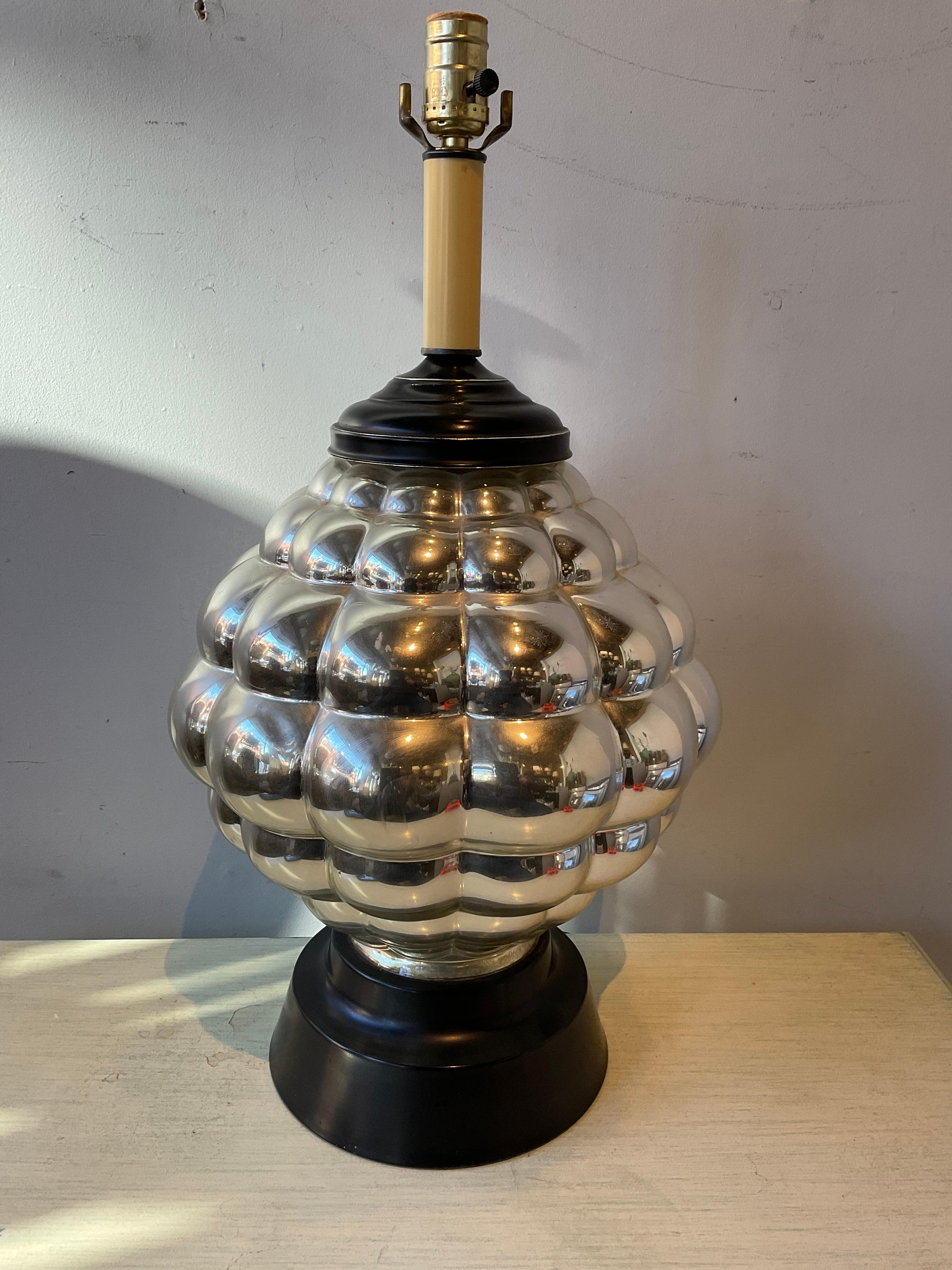 Large 1950s Mercury glass lamp on metal base.
Lamp needs rewiring,
Height is to top of socket.