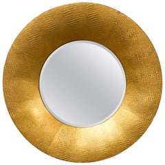 Large Round 20th-C. Gilded Embossed Faux Crocodile Mirror
