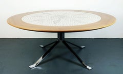large round 60s mosaic tile top COFFEE TABLE white mosaic walnut chrome base