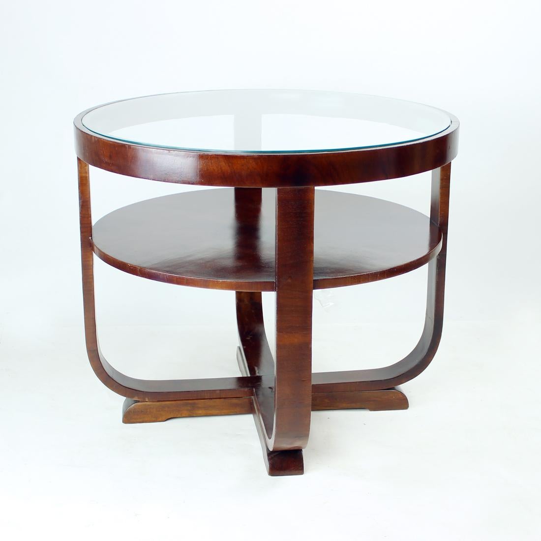 Large Round Art Deco Coffee Table In Walnut & Glass, Czechoslovakia 1930s 1