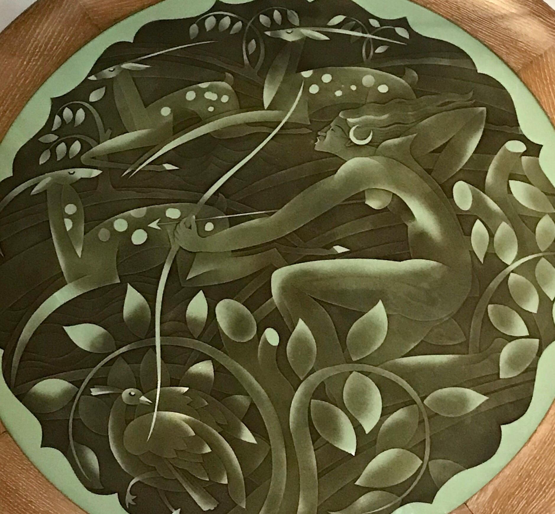 Magnifique scène encadrée Art déco d'une chasseresse, de gazelles et de la jungle sur verre gravé et sablé avec sépia, signée Maix, pour Jallot & Marx, vers les années 1930.