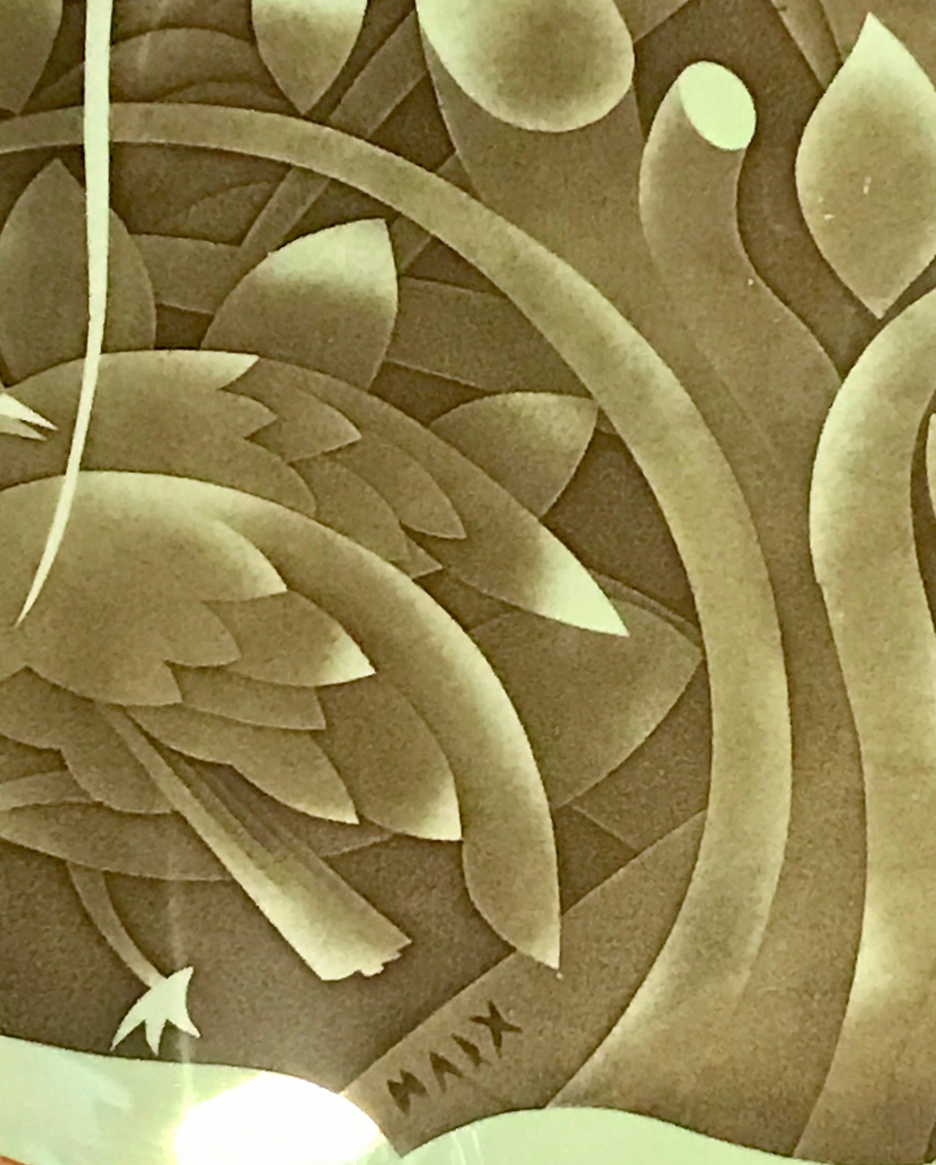 20ième siècle Grande œuvre d'art murale Art Déco ronde en verre gravé signée Maix en vente