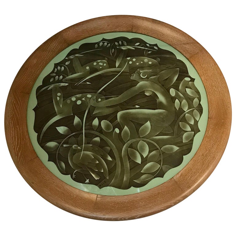 Large Round Art Deco Etched Glass Wall Art Signed Maix For Sale at 1stDibs