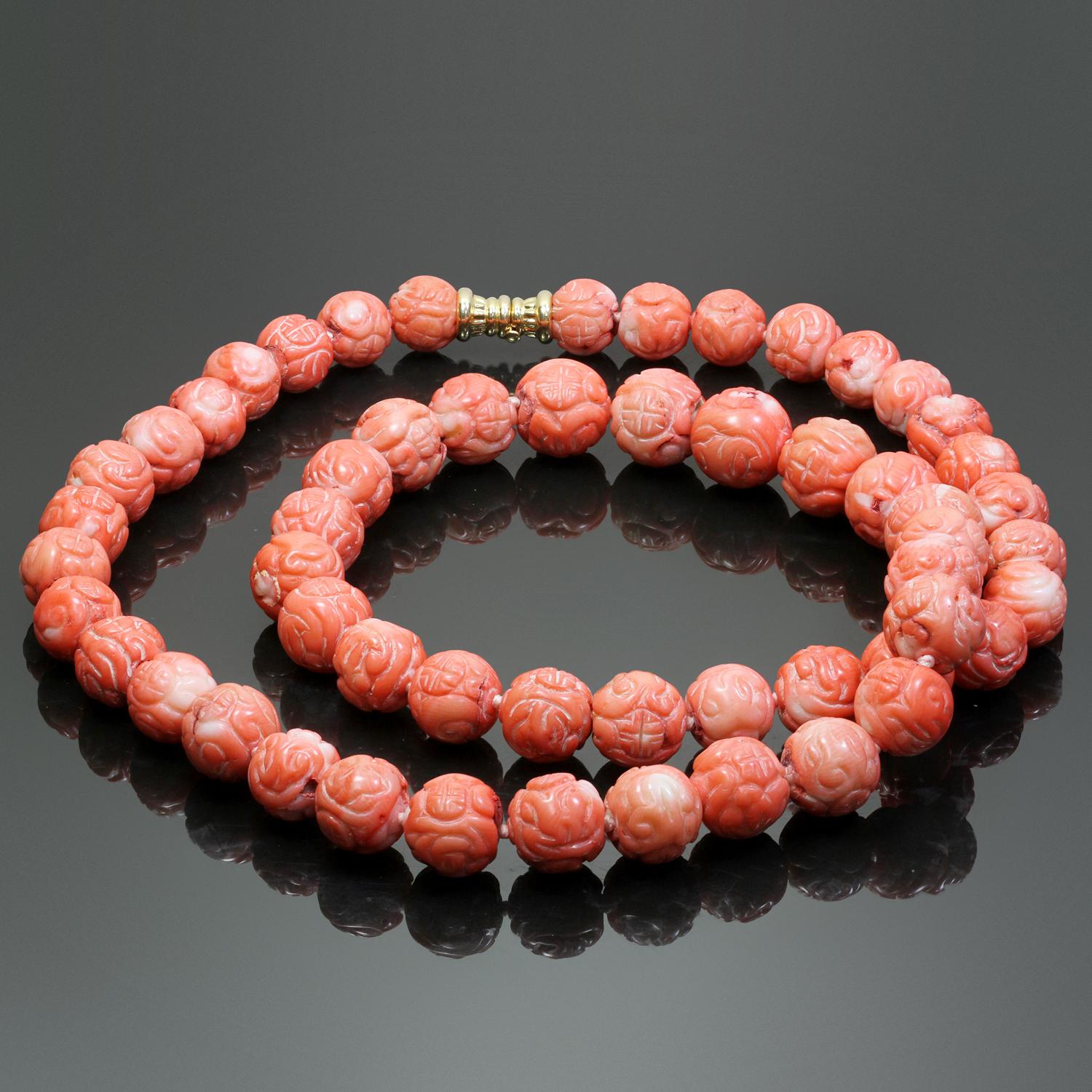 Round Cut Large Round Bead Carved Coral Necklace with Gold Clasp For Sale