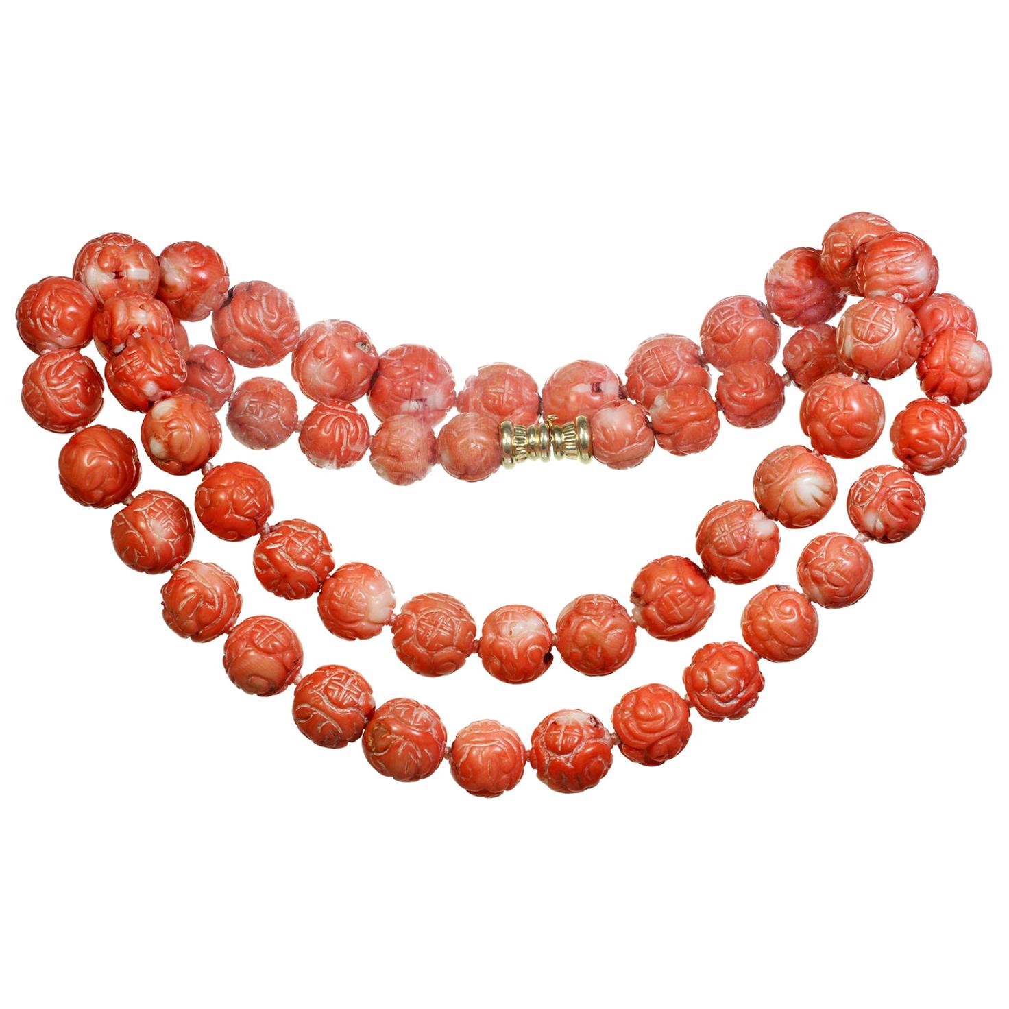 Large Round Bead Carved Coral Necklace with Gold Clasp For Sale