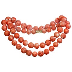 Vintage Large Round Bead Carved Coral Necklace with Gold Clasp