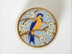 Grande boîte ronde Art Déco avec oiseau Emaux de Longwy, 1940