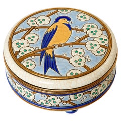 Large Round Bird Art Deco Box Emaux de Longwy, 1940