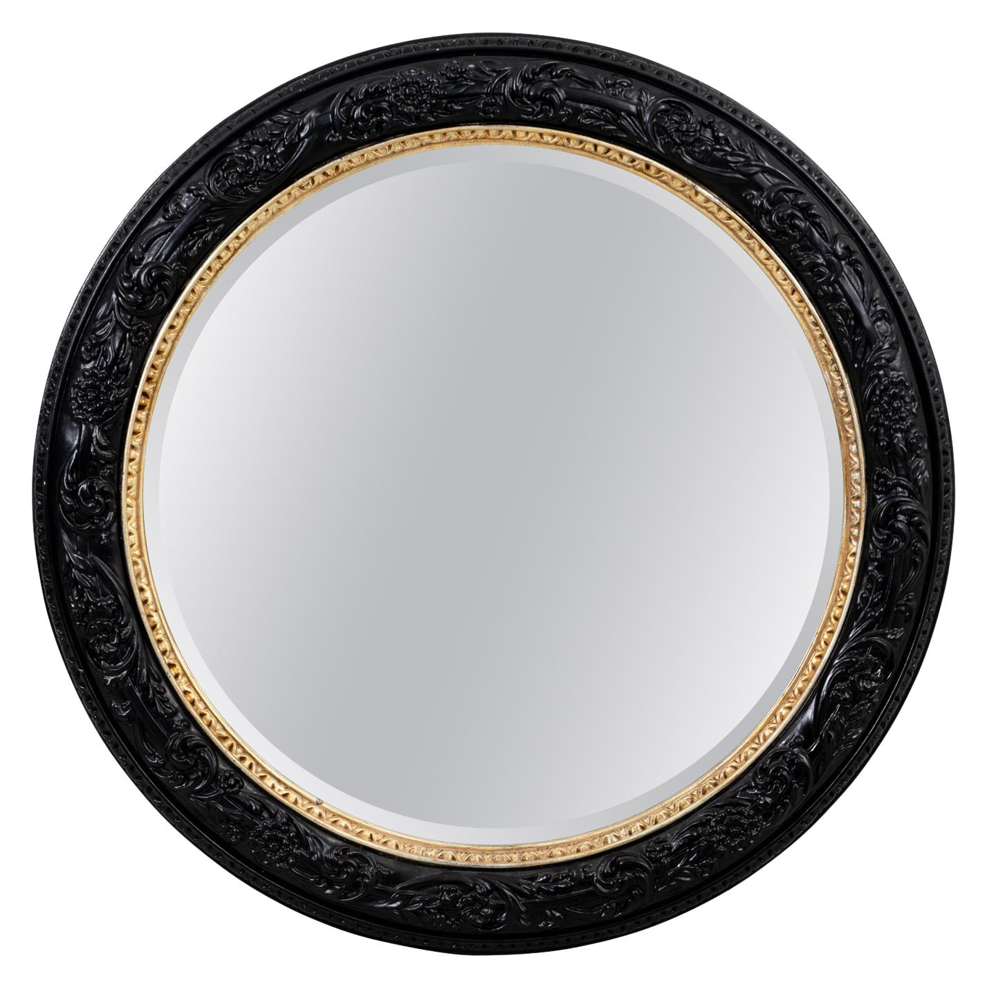 Large Round Black and Gold Mirror For Sale
