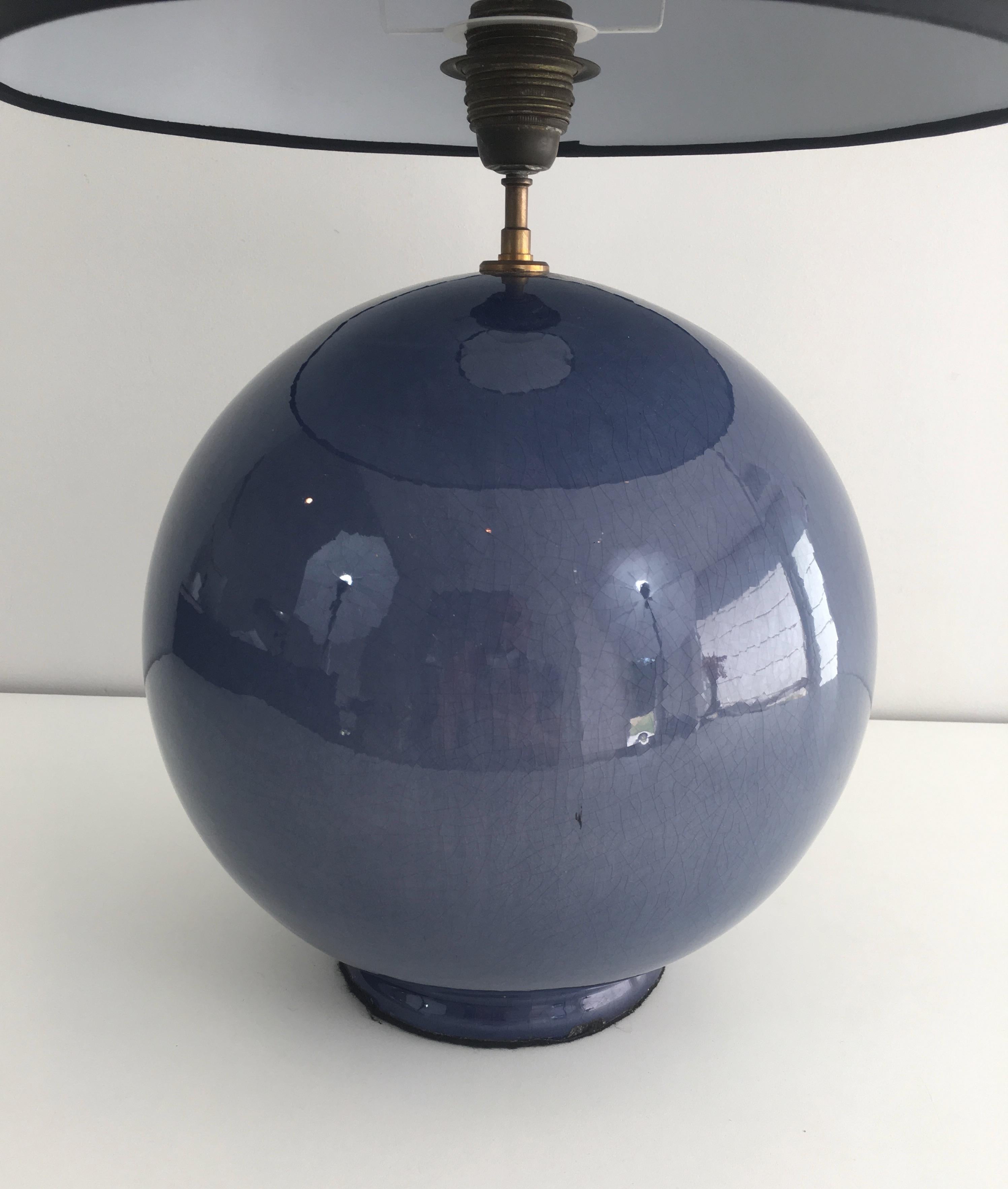 Mid-Century Modern Large Round Blue Ceramic Table Lamp with Shades, French, circa 1970
