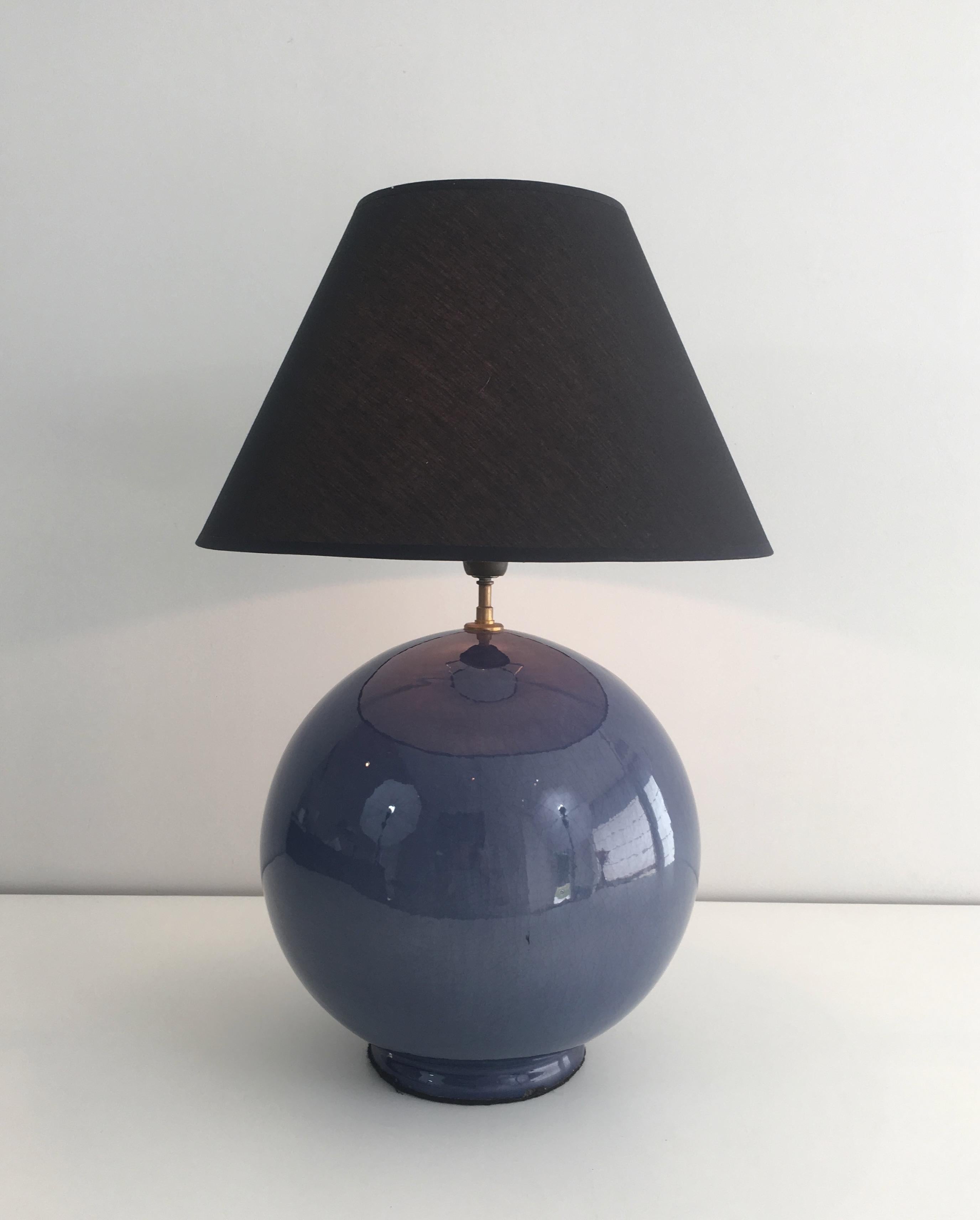 Brass Large Round Blue Ceramic Table Lamp with Shades, French, circa 1970