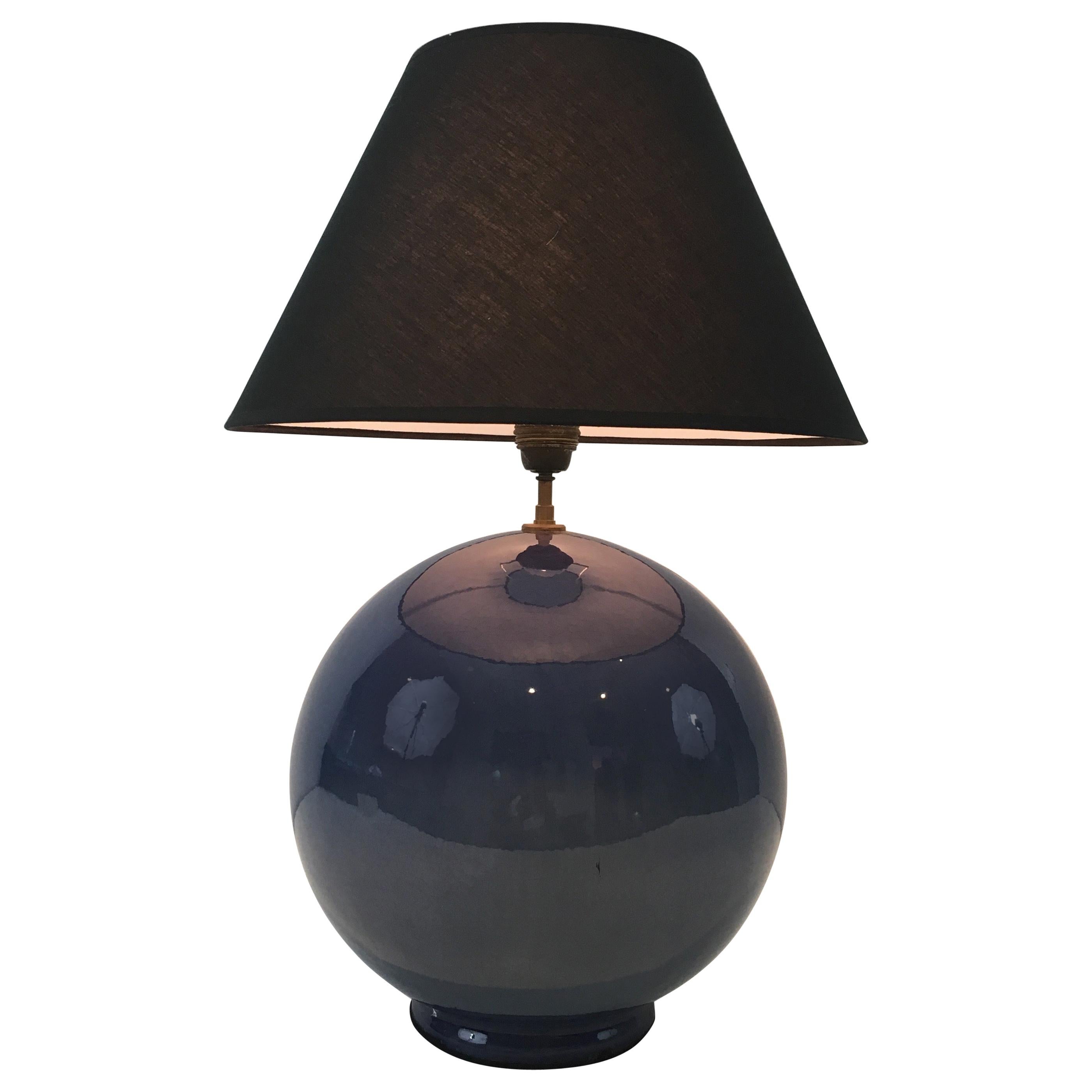 Large Round Blue Ceramic Table Lamp with Shades, French, circa 1970