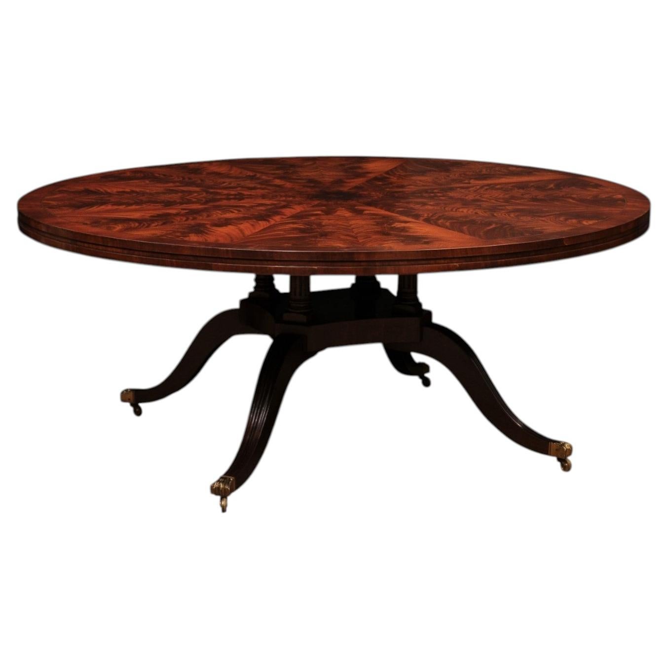 Large Round Book Matched Crotch Mahogany Pedestal Dining Table with Brass Inlay