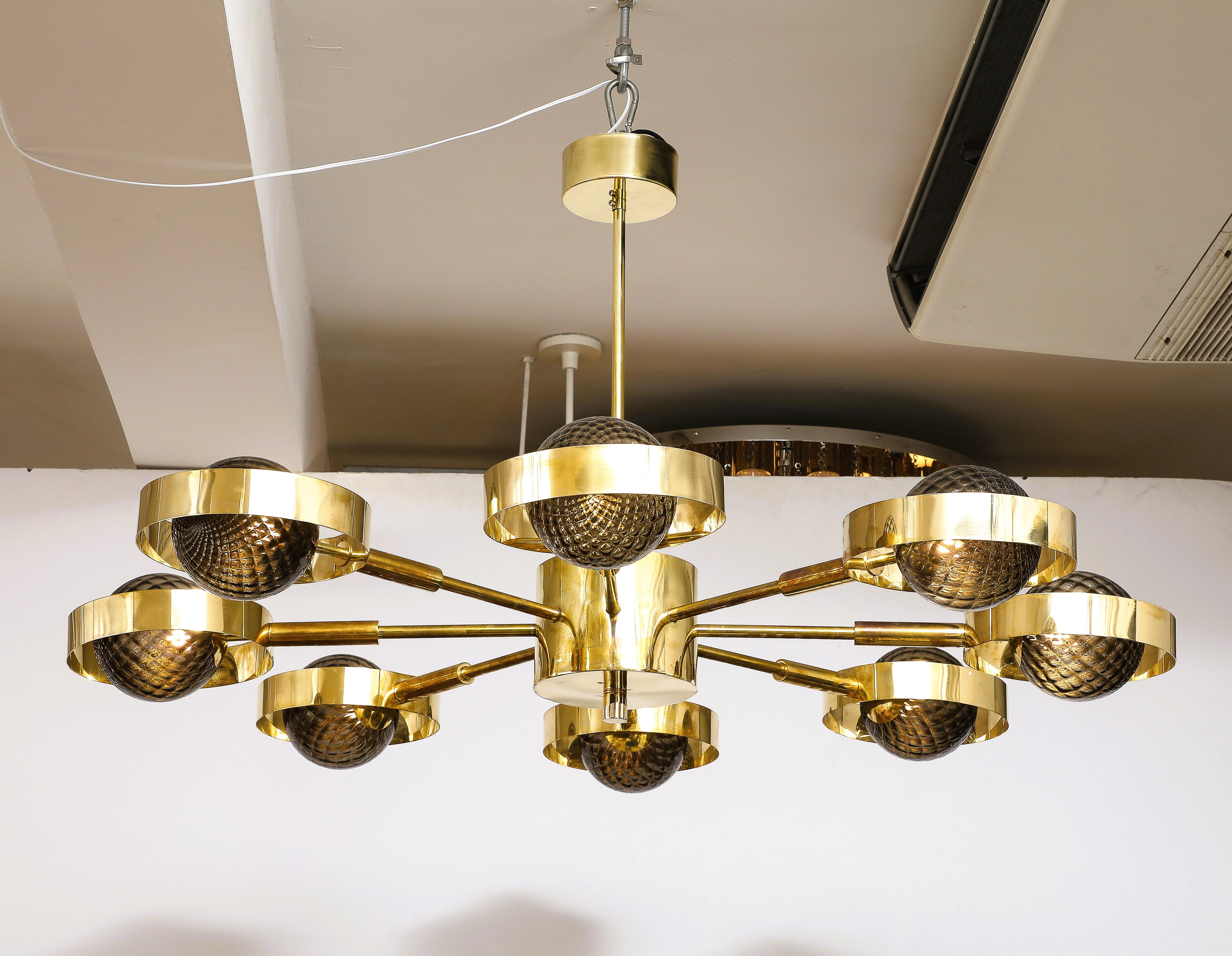 Large Round Brass Chandelier with Bronze Smoked Murano Glass Globes, Italy, 2025 For Sale 3