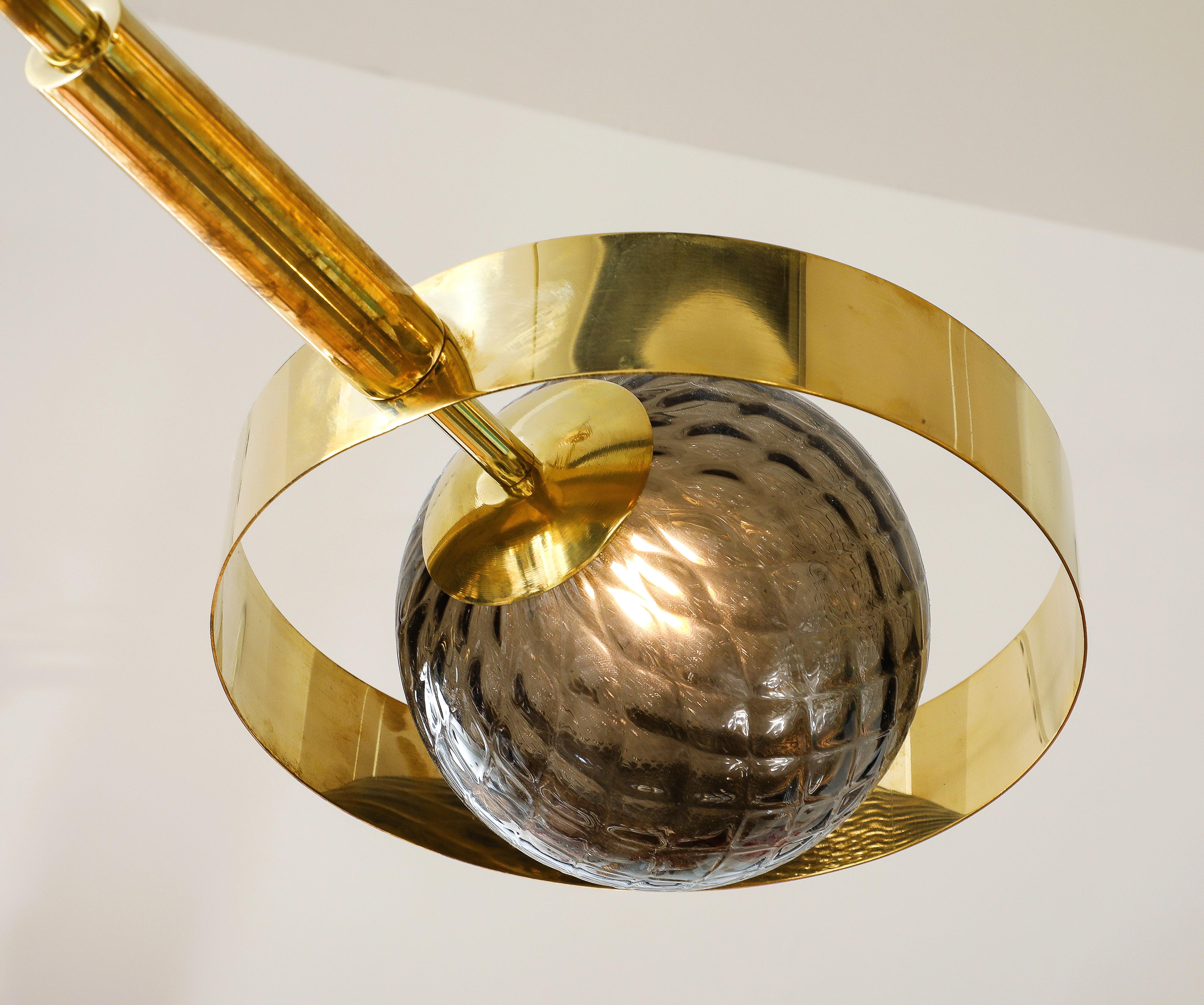 Mid-Century Modern Large Round Brass Chandelier with Bronze Smoked Murano Glass Globes, Italy, 2025 For Sale