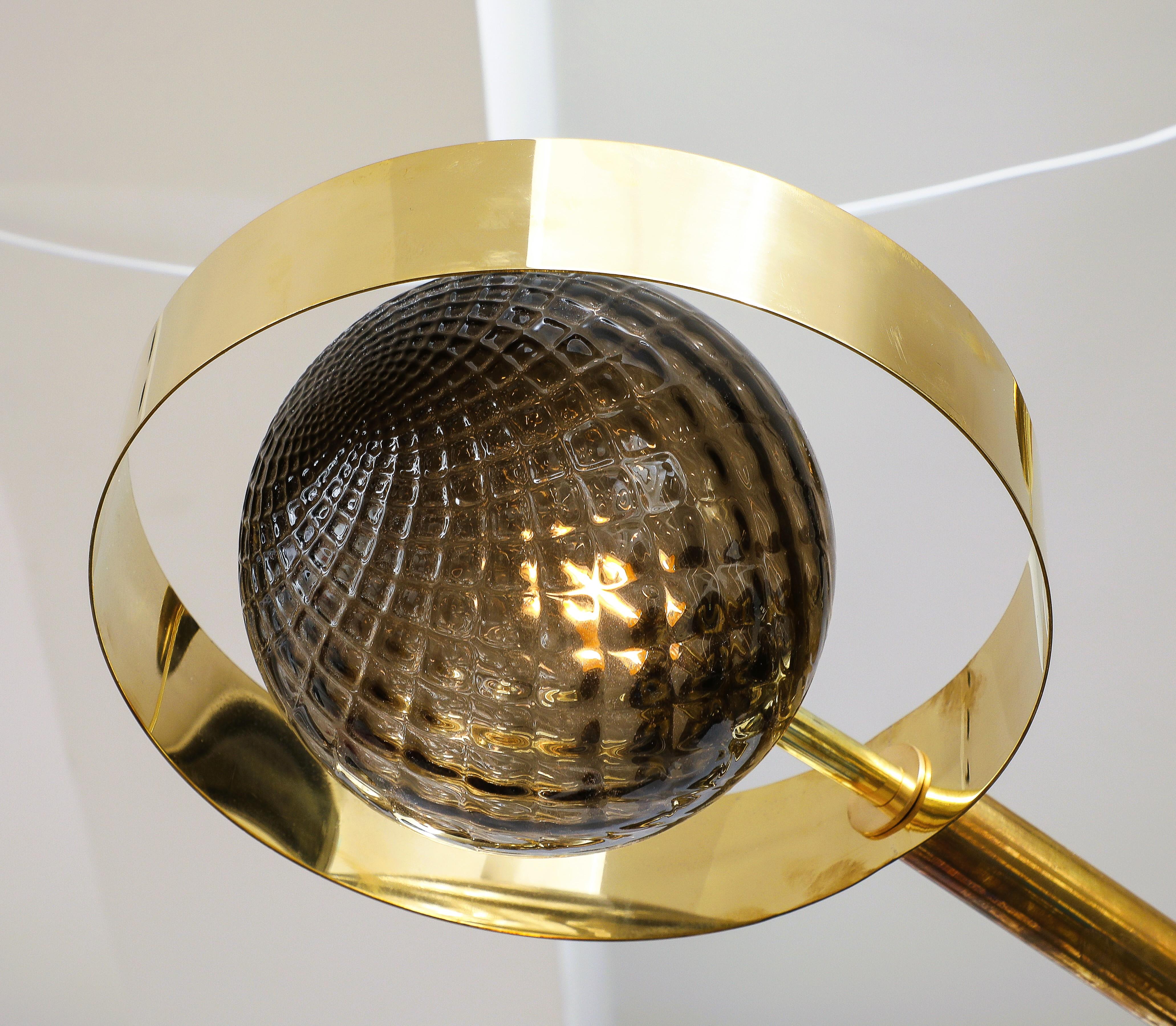 Italian Large Round Brass Chandelier with Bronze Smoked Murano Glass Globes, Italy, 2025 For Sale