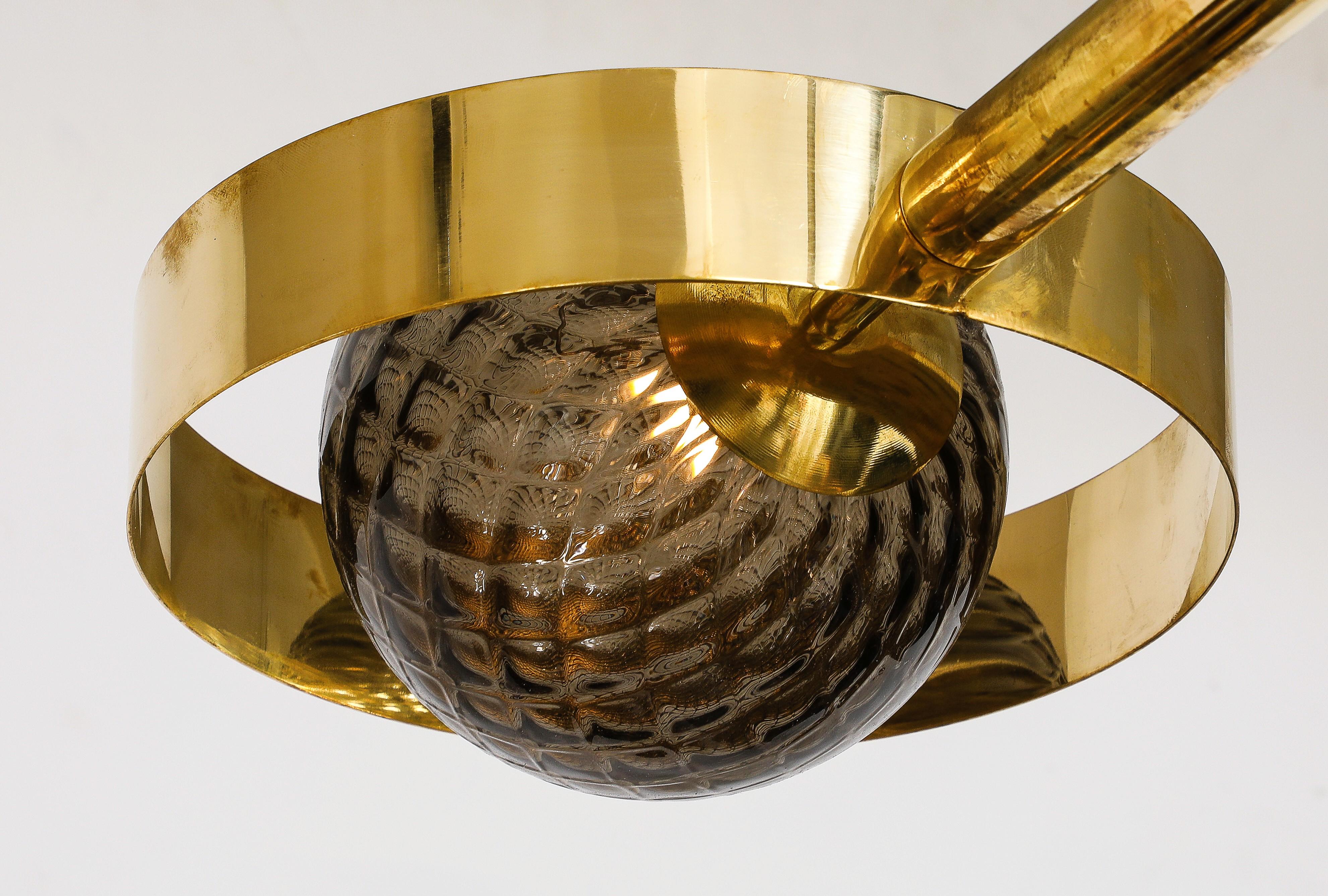 Hand-Crafted Large Round Brass Chandelier with Bronze Smoked Murano Glass Globes, Italy, 2025 For Sale