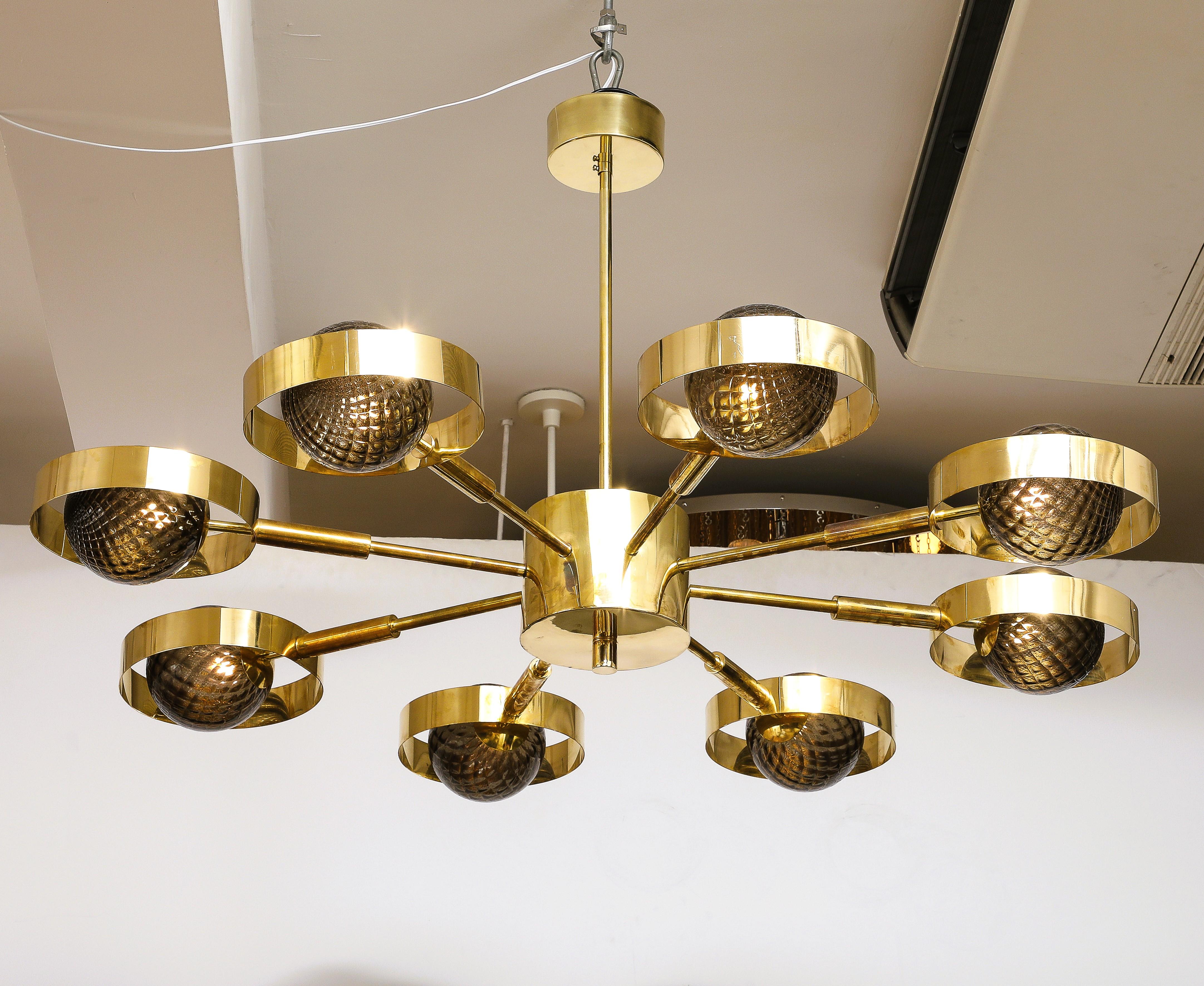 Large Round Brass Chandelier with Bronze Smoked Murano Glass Globes, Italy, 2025 In New Condition For Sale In New York, NY
