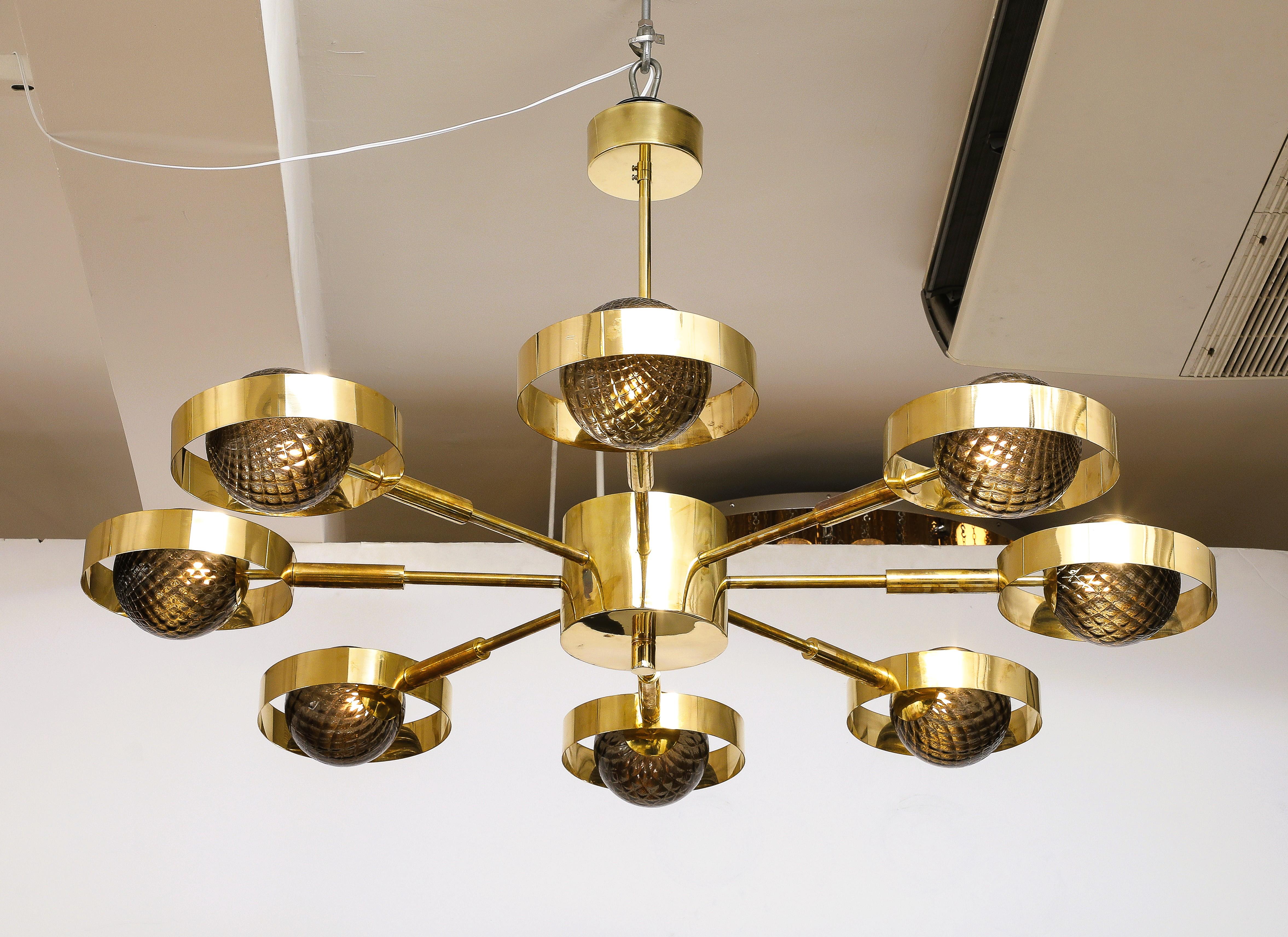 Contemporary Large Round Brass Chandelier with Bronze Smoked Murano Glass Globes, Italy, 2025 For Sale