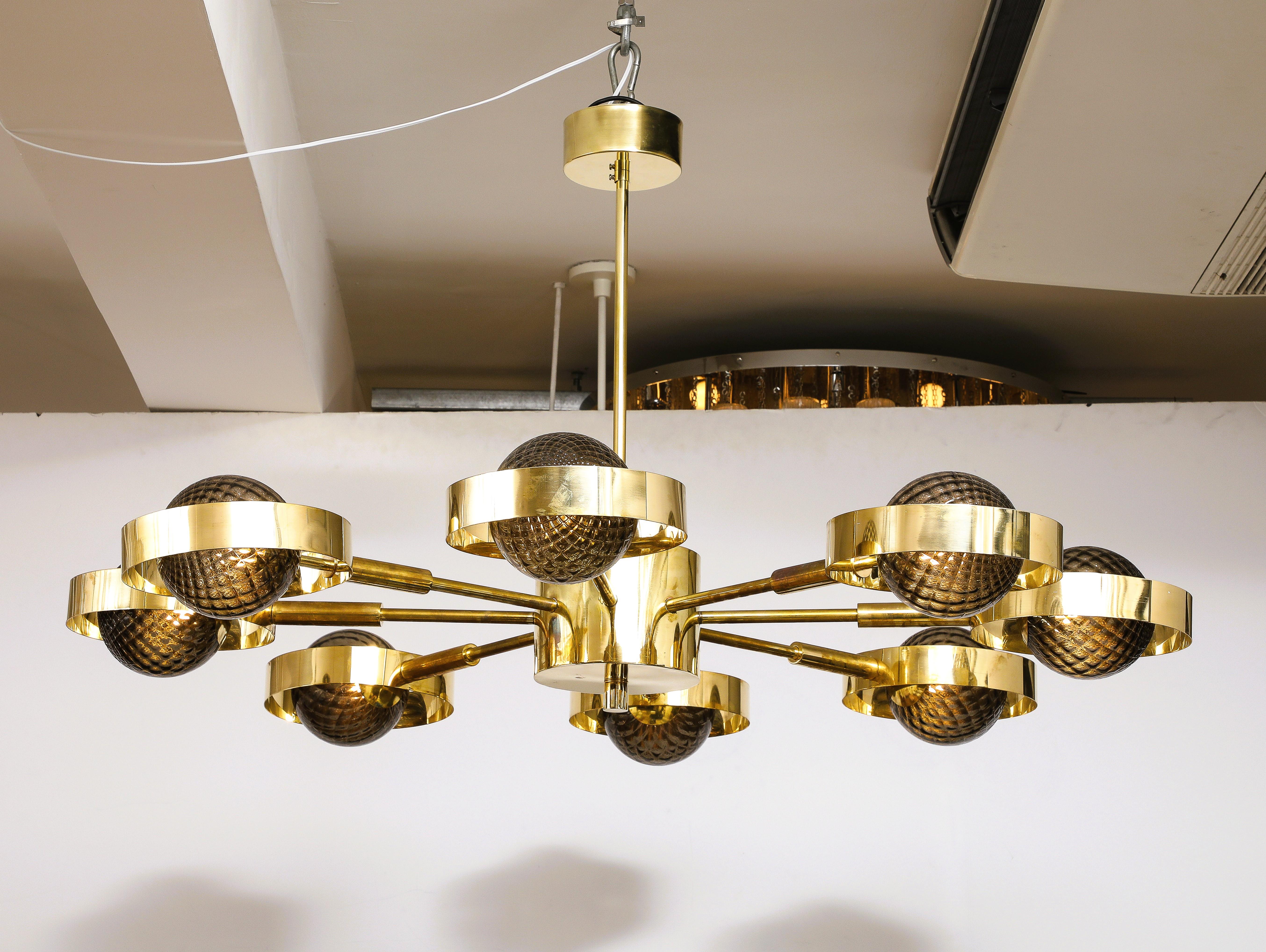 Metal Large Round Brass Chandelier with Bronze Smoked Murano Glass Globes, Italy, 2025 For Sale