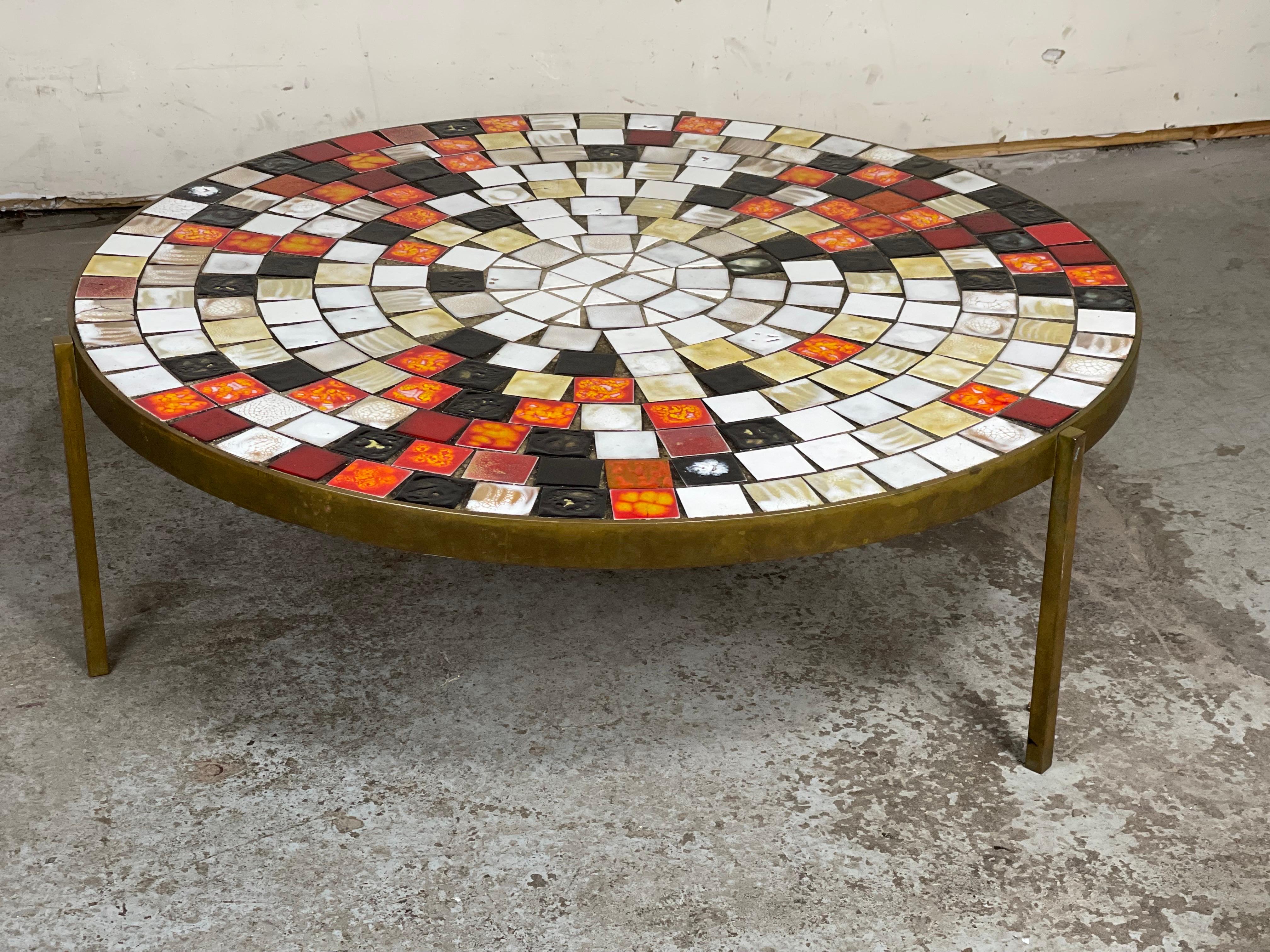 Wood Large Round Bronze Tile Top Table by Mosaic House