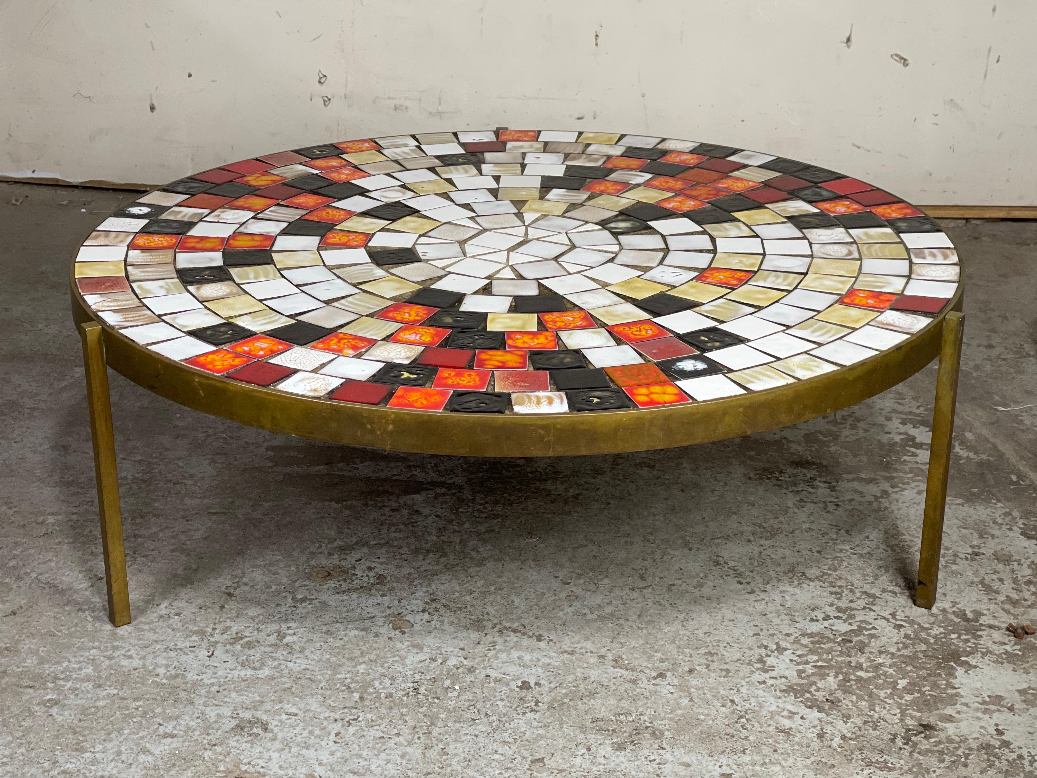 Mid-Century Modern Large Round Bronze Tile Top Table by Mosaic House