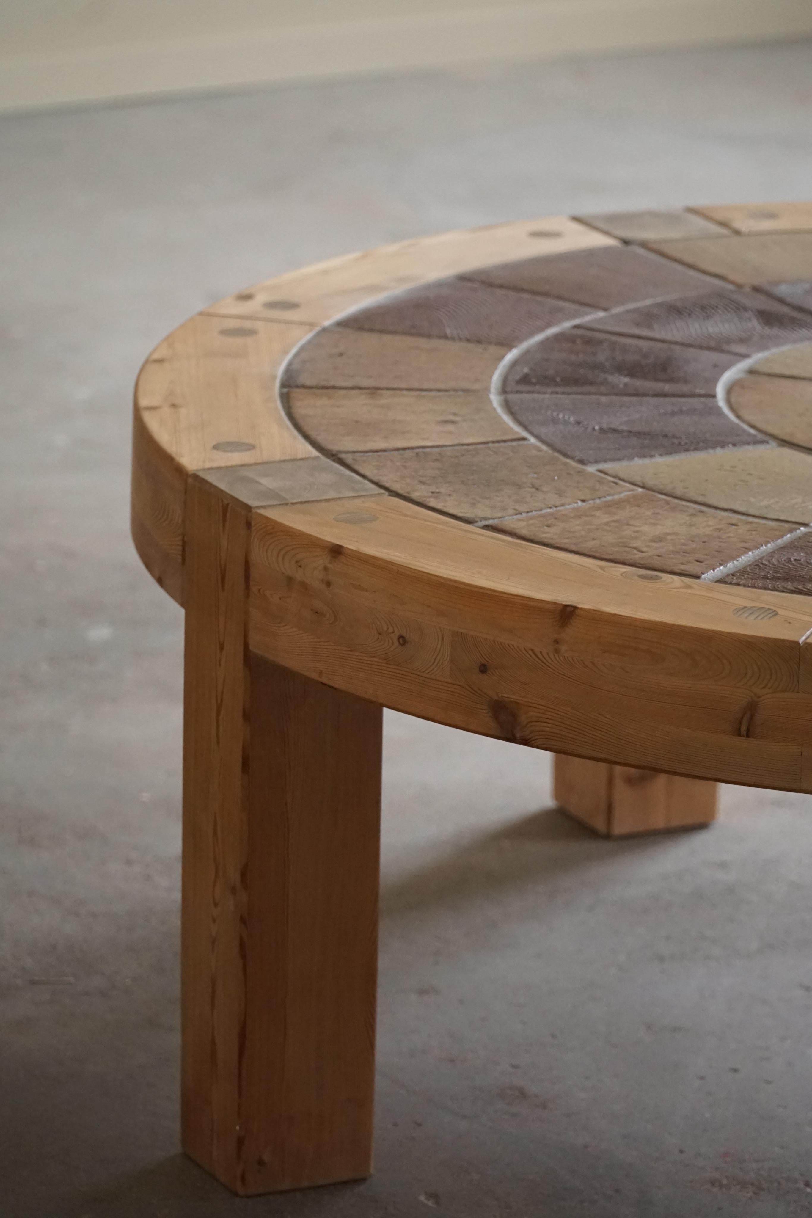 Large Round Brutalist Coffee Table in Pine and Ceramic Tiles, Danish ...