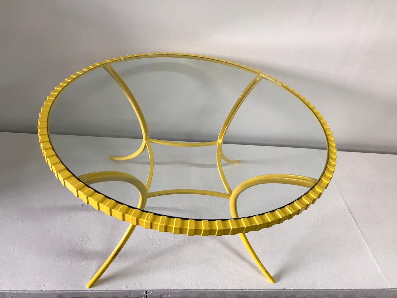 Tempered Large Round Canary Yellow Klismos Table by Thinline For Sale