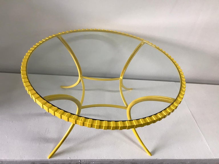Tempered Large Round Canary Yellow Klismos Table by Thinline For Sale