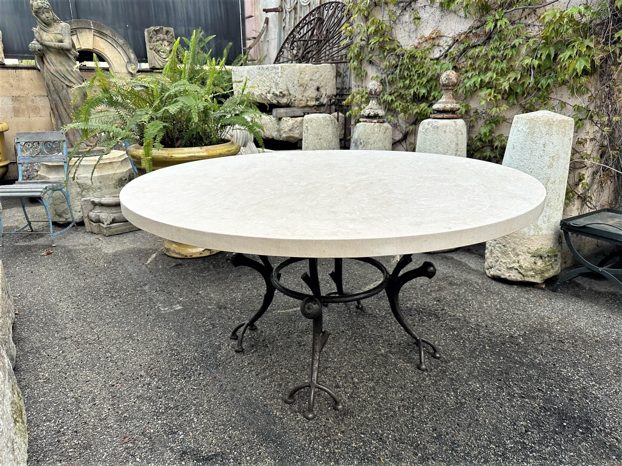 Large Round Carved Stone & Iron Garden Patio Dining Table Giacometti Style LA CA 6